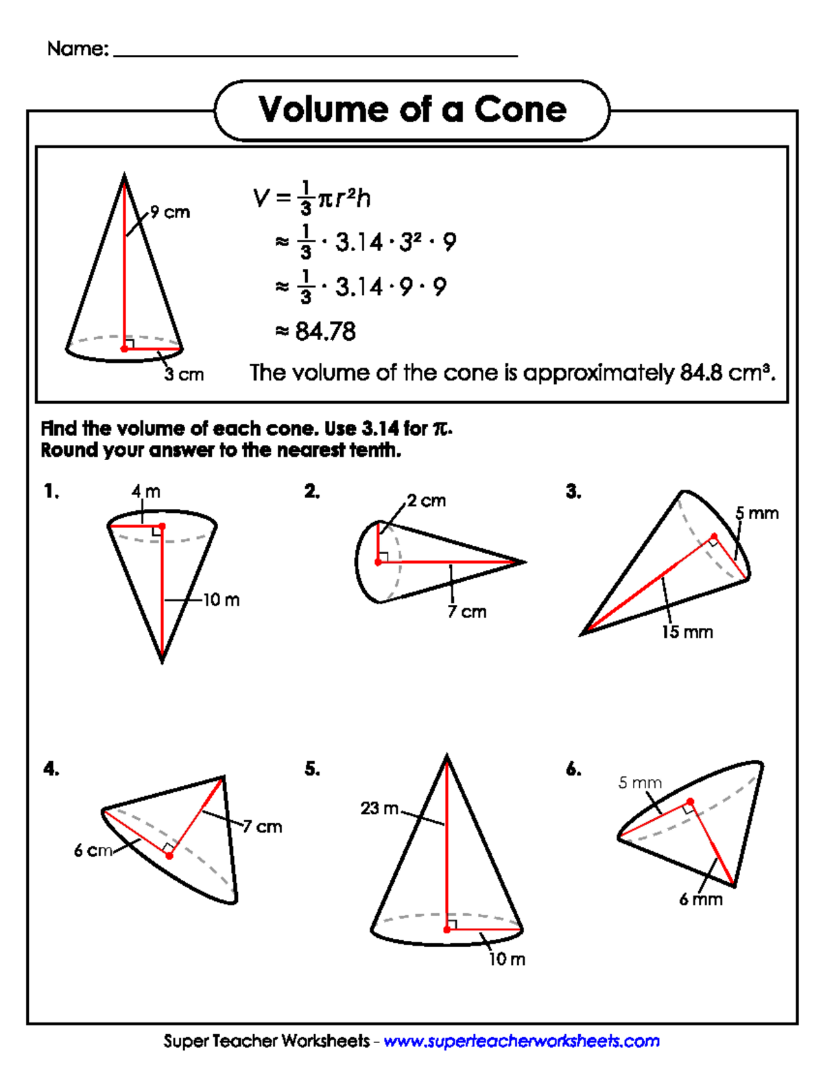 Volume of cone - geometry notes - DFTG 2350 - Name: Volume of a Cone 9 ...