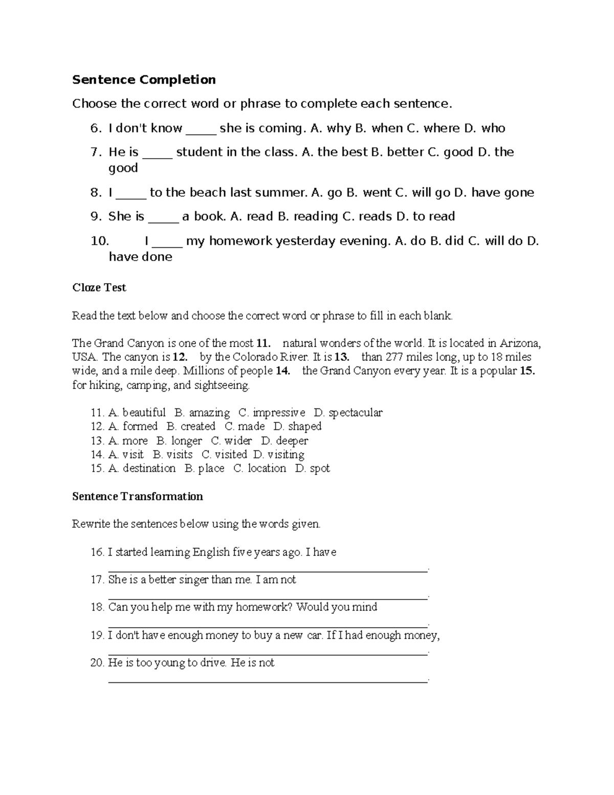 Grammar Test - Sentence Completion & Transformation Practice - Studocu