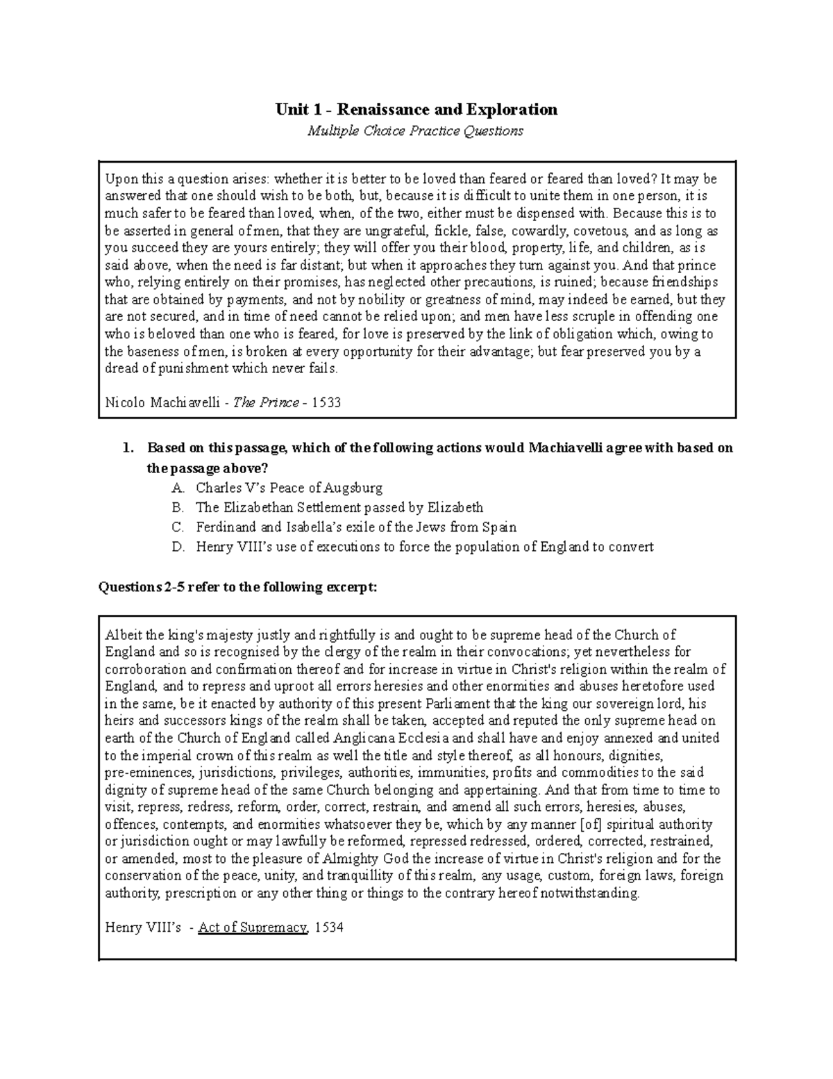 Unit 1 Renaissance & Exploration MCQ Practice Questions - Studocu