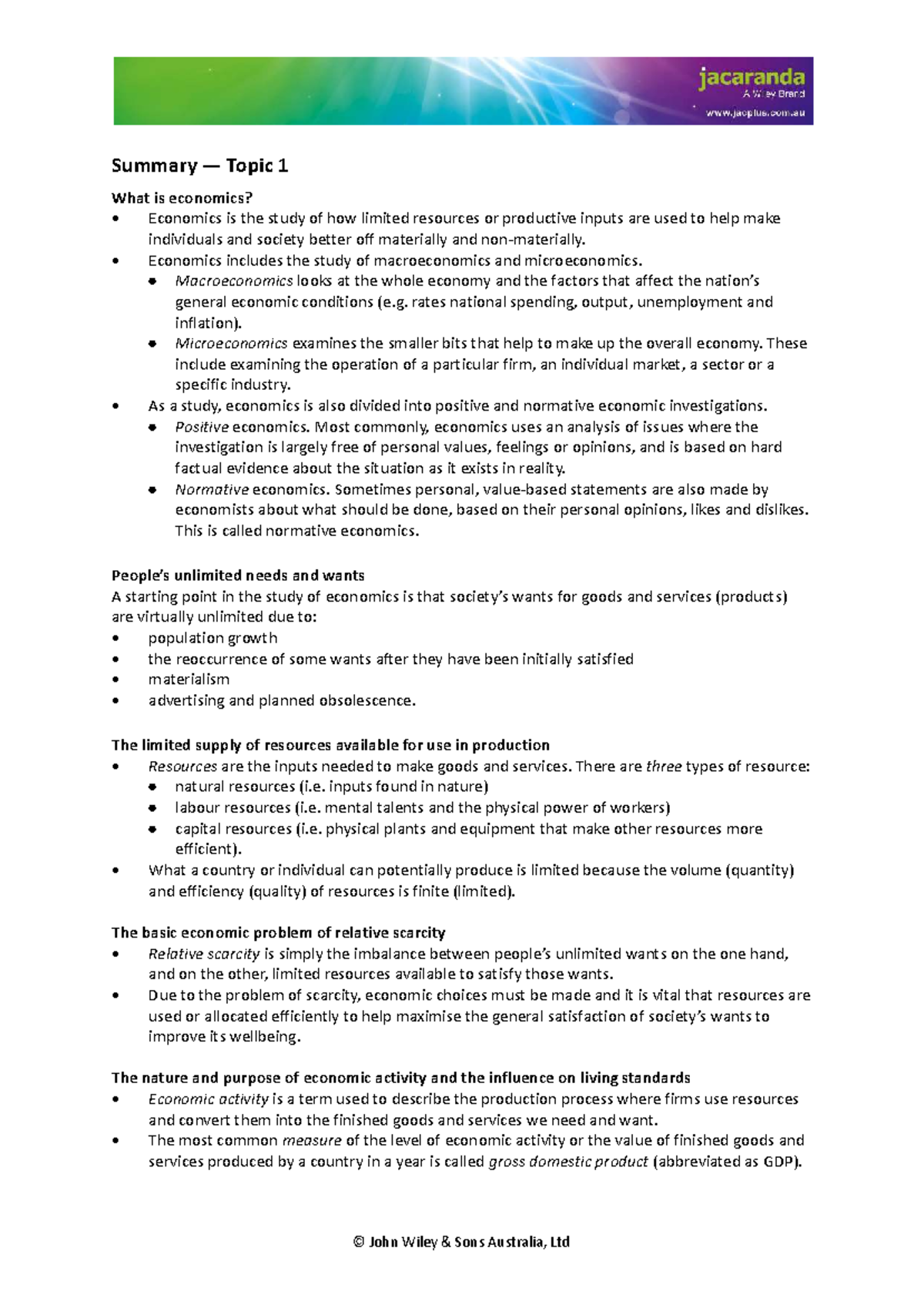 Summary Notes: Topic 1 - Understanding Economics and Its Principles ...