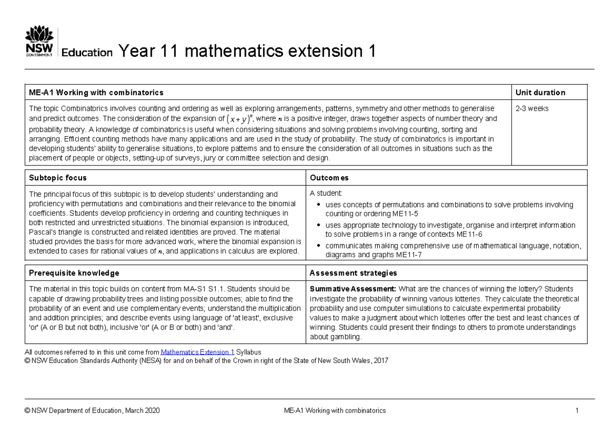 Year 11 Mathematics Extension 1: Combinatorics Unit Overview - Studocu