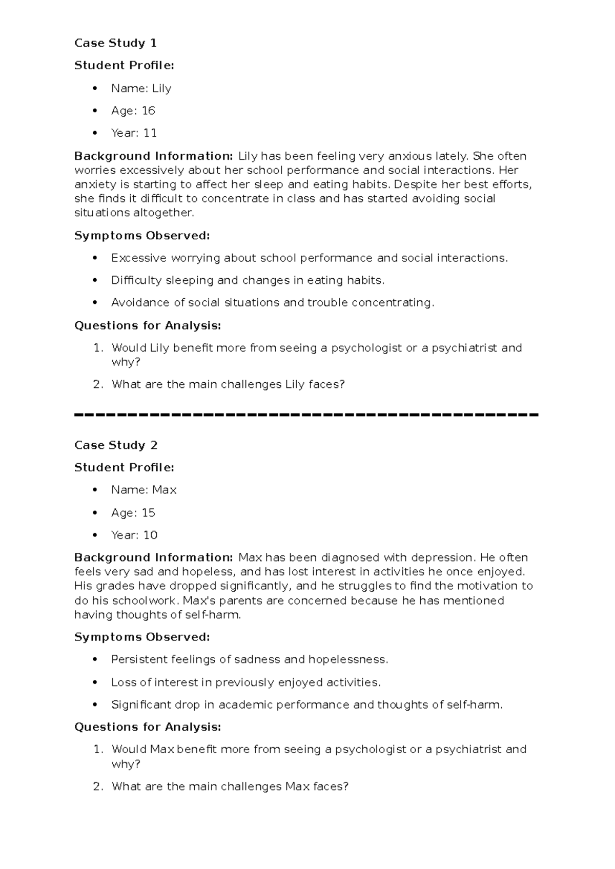 L4 Case Study Analysis: Student Profiles and Mental Health Challenges ...