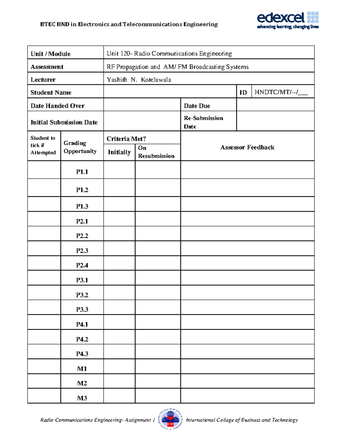BTEC HND Radio Communications Engineering Assignment 1: RF Propagation ...