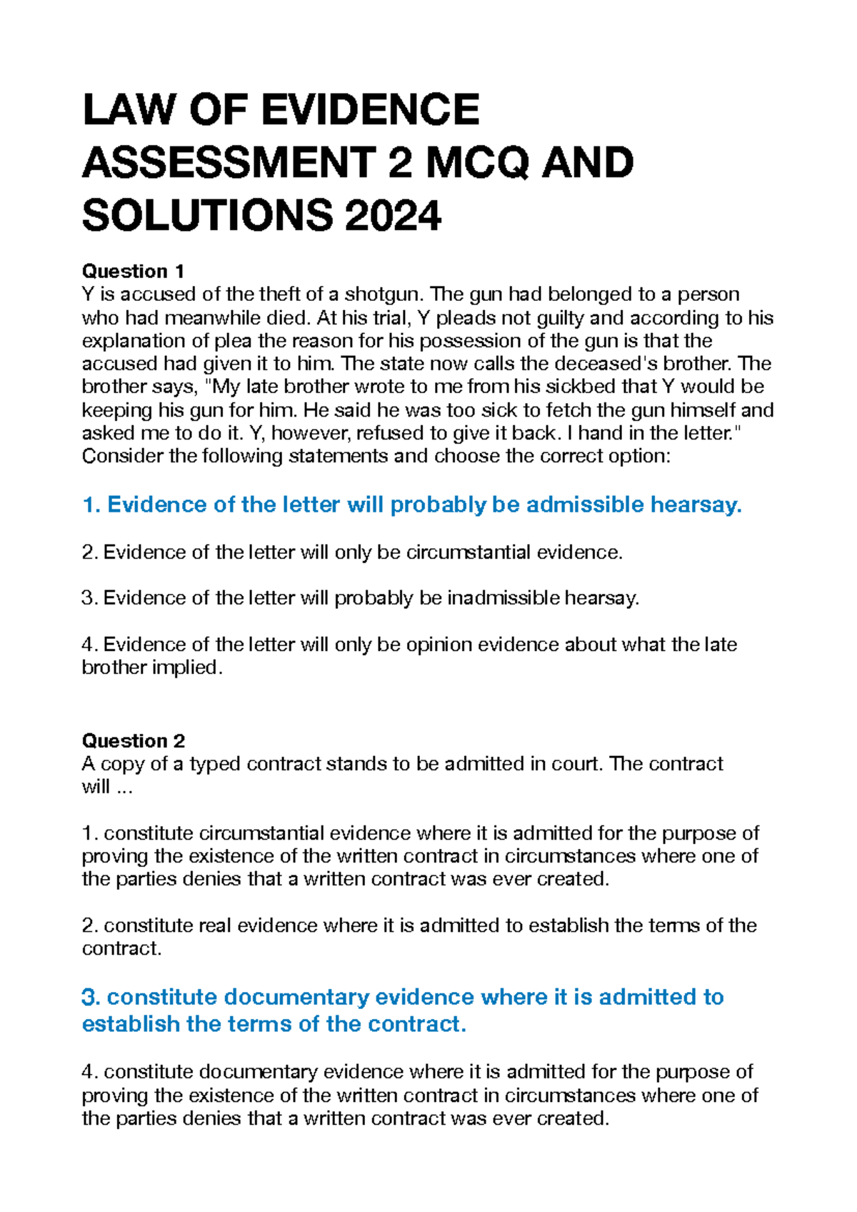 LAW OF EVIDENCE 2024 Assessment 2 MCQs & Solutions Analysis - Studocu
