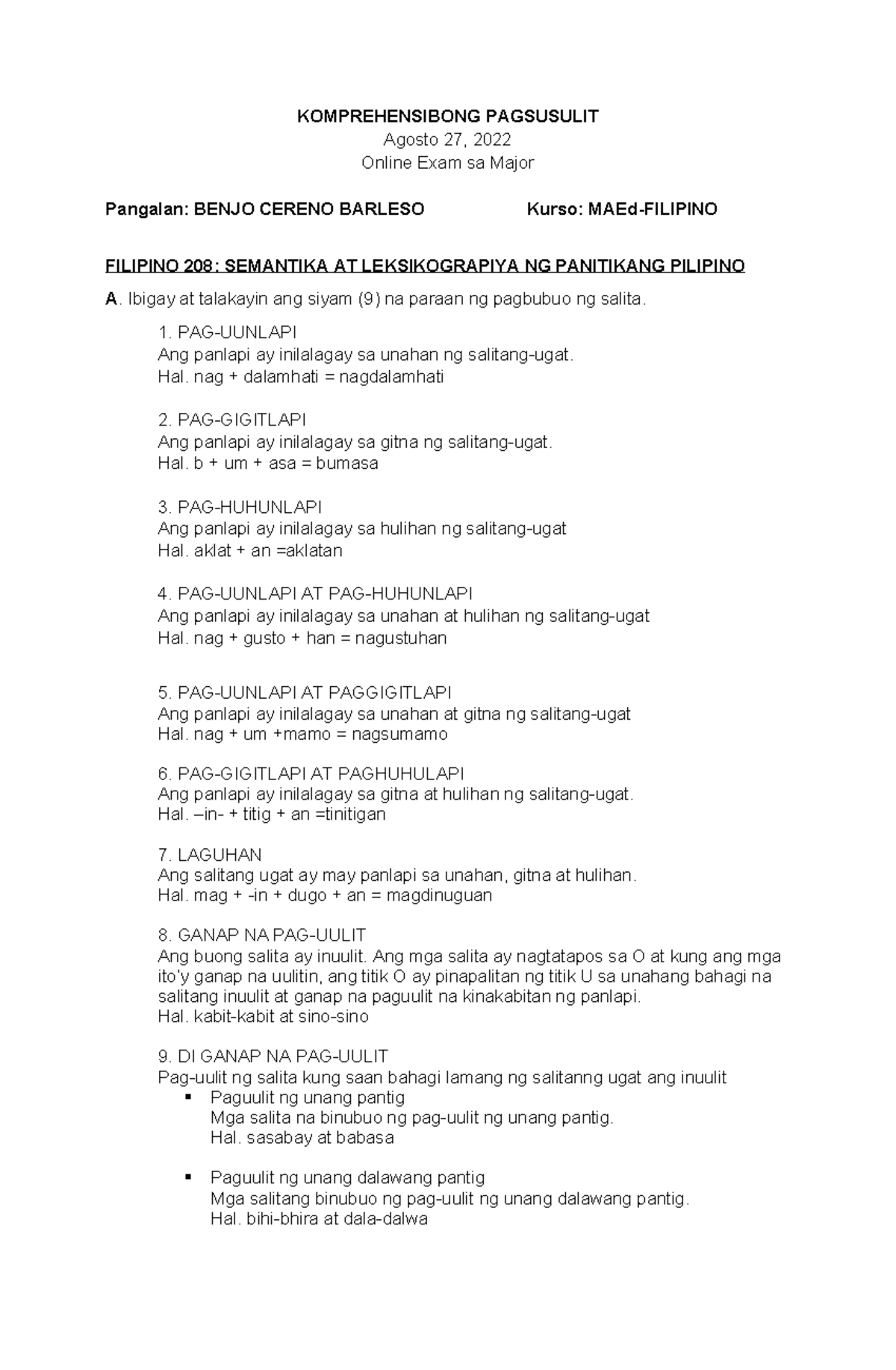 KOMPREHENSIBONG PAGSUSULIT sa FILIPINO 208, 203, 209, 206 - Studocu