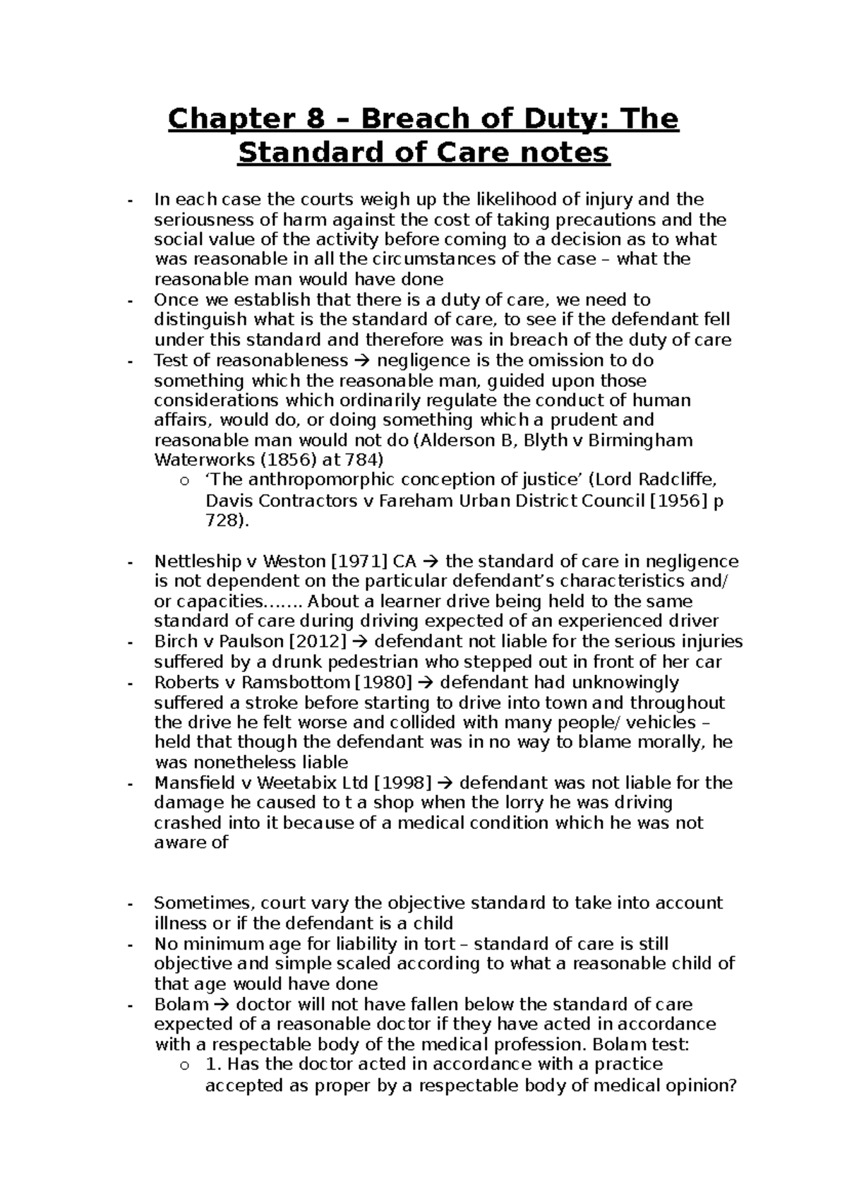 Tort Law (LAW 101) - Chapter 8: Breach of Duty & Standard of Care - Studocu
