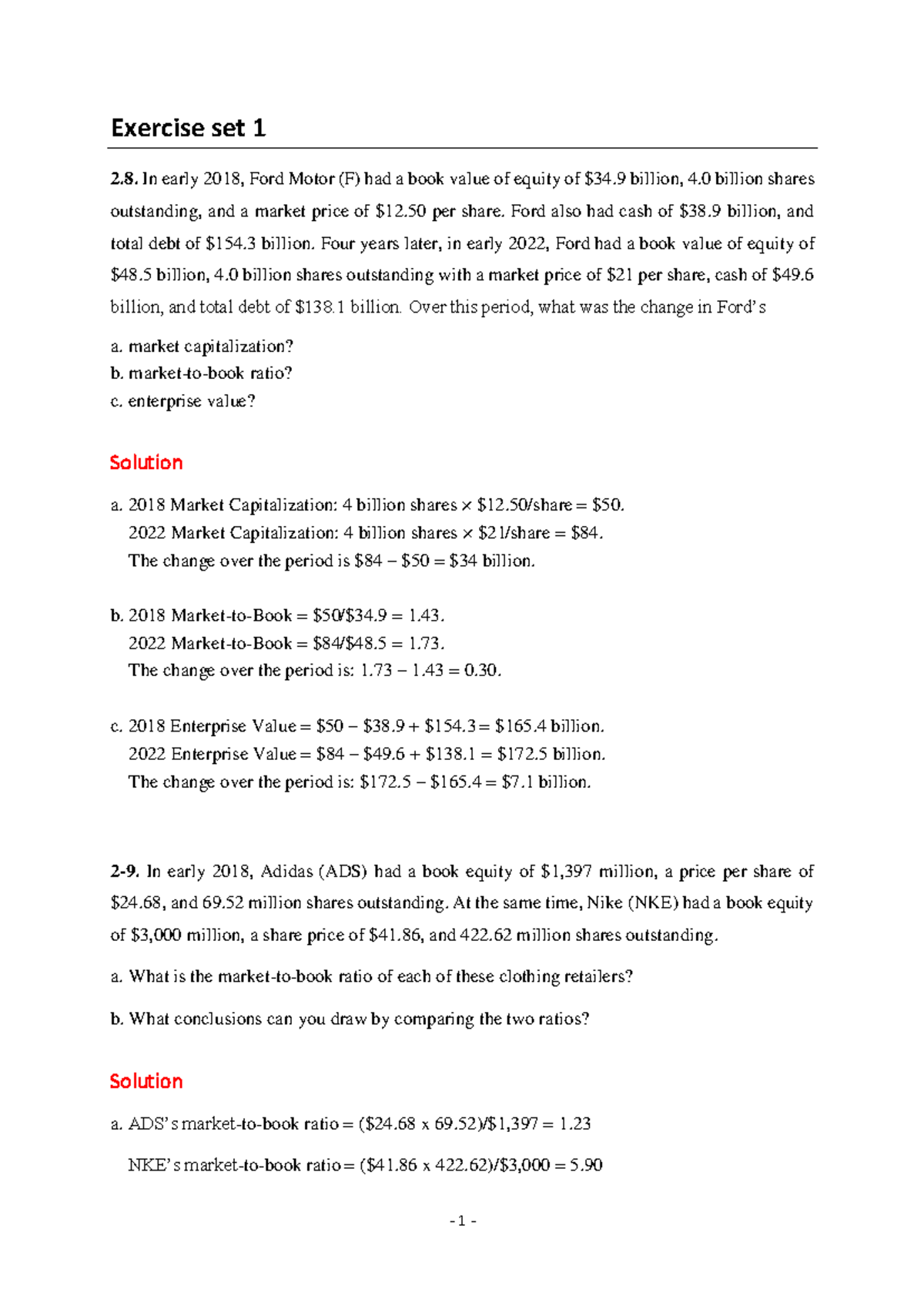 Exercise Set 1: Financial Analysis and Valuation Techniques - Studocu