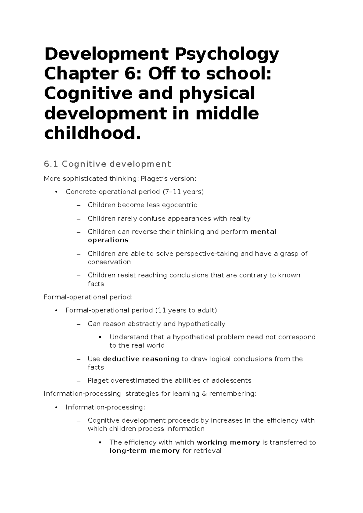 Development Psychology Chapter 6: Cognitive & Physical Growth in Middle ...