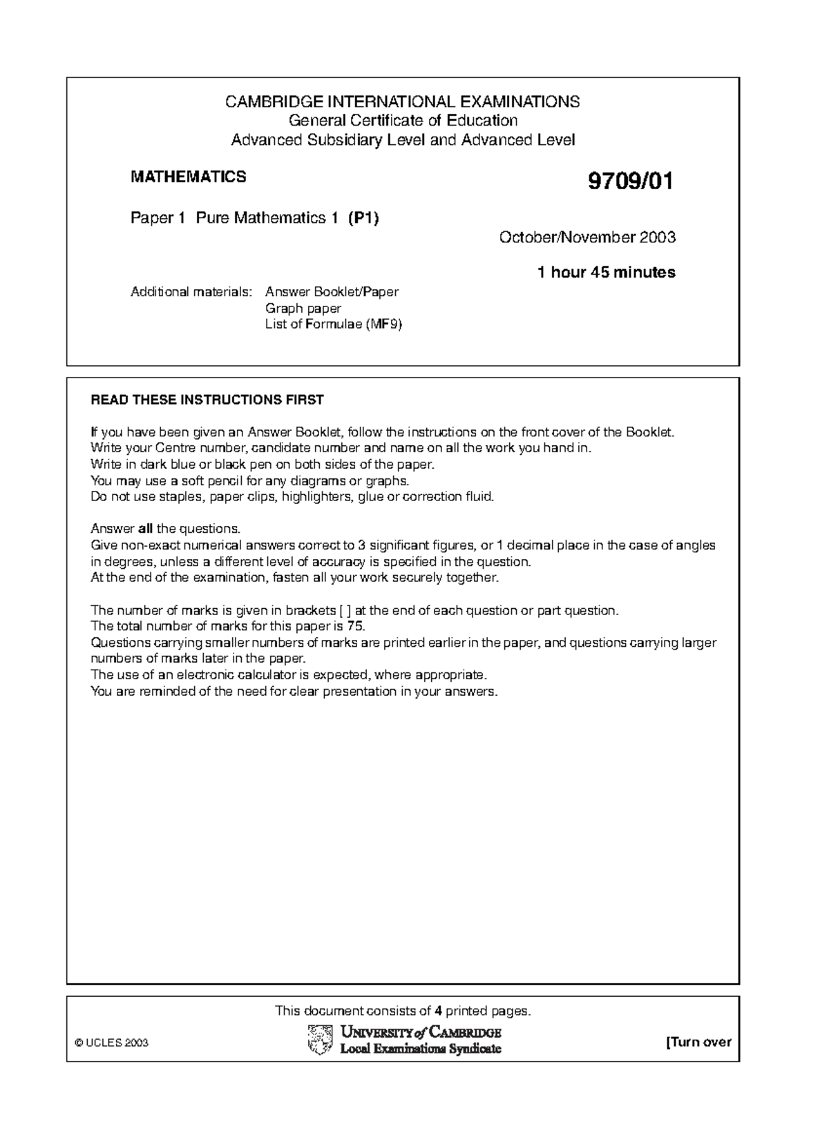 MATHEMATICS 9709/01 AS Level Pure Math Paper 1 Exam 2003 - Studocu