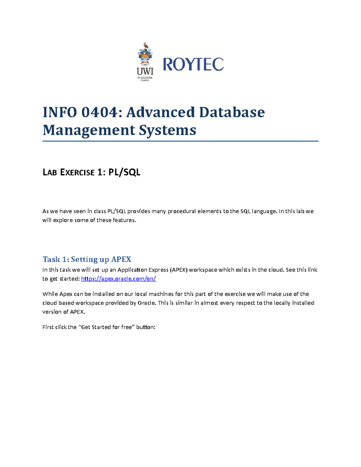 INFO 0404: Advanced Database Lab Exercise 1 - PL/SQL Techniques - Studocu