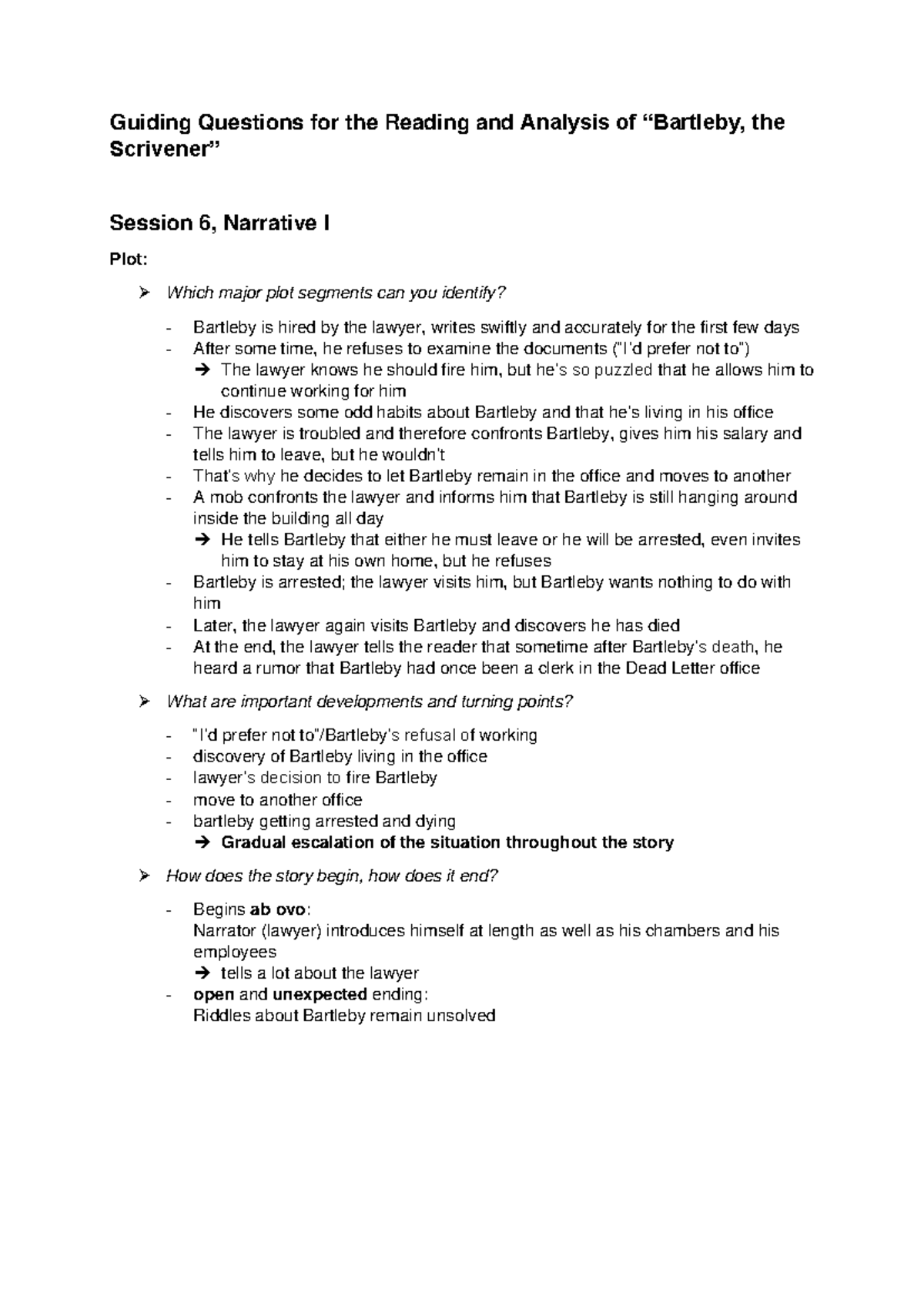 Analysis of "Bartleby, the Scrivener" - Guiding Questions for the Reading and Analysis of - Studocu