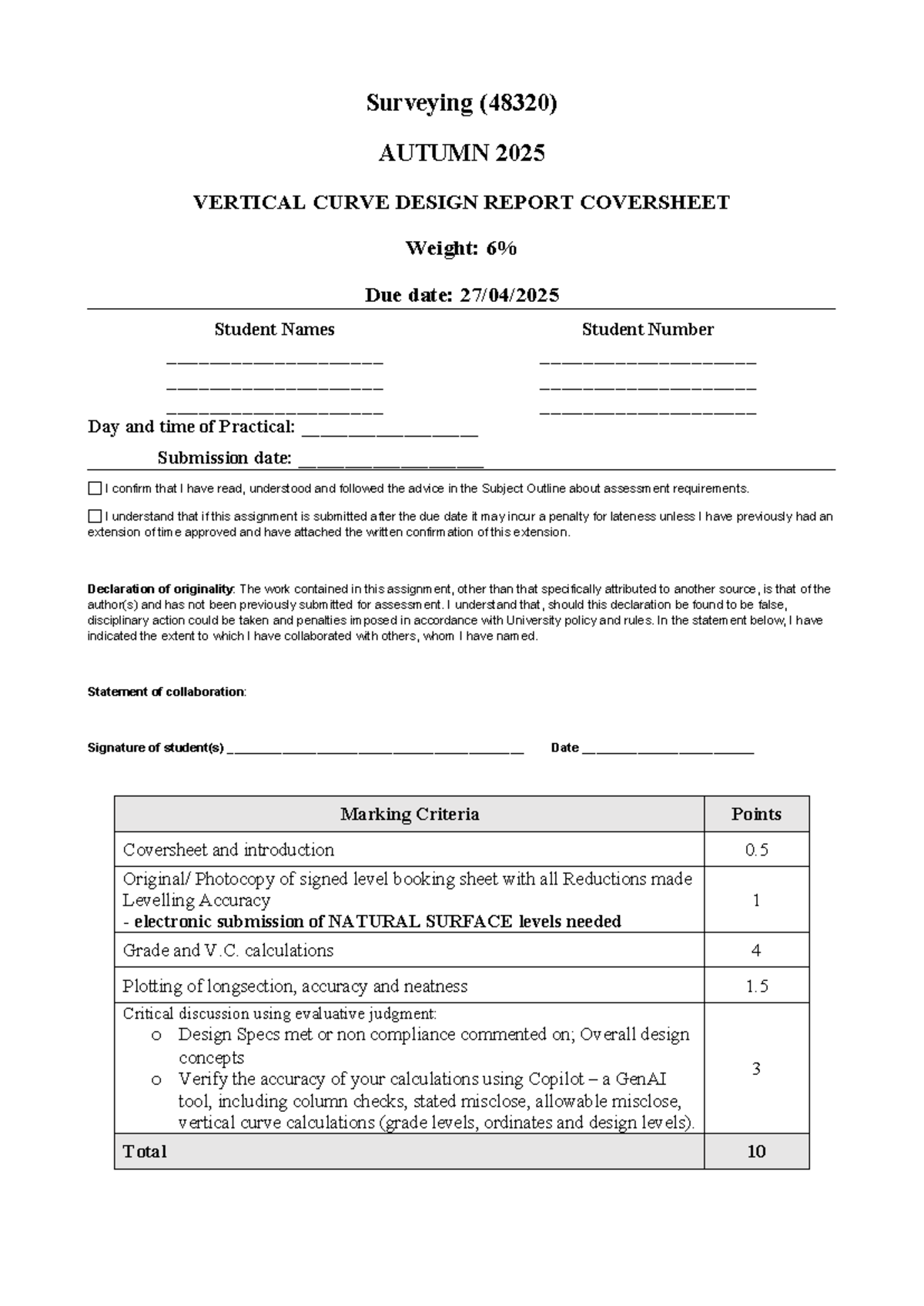 Surveying (48320) AUTUMN 2025 Vertical Curve Design Report - Studocu