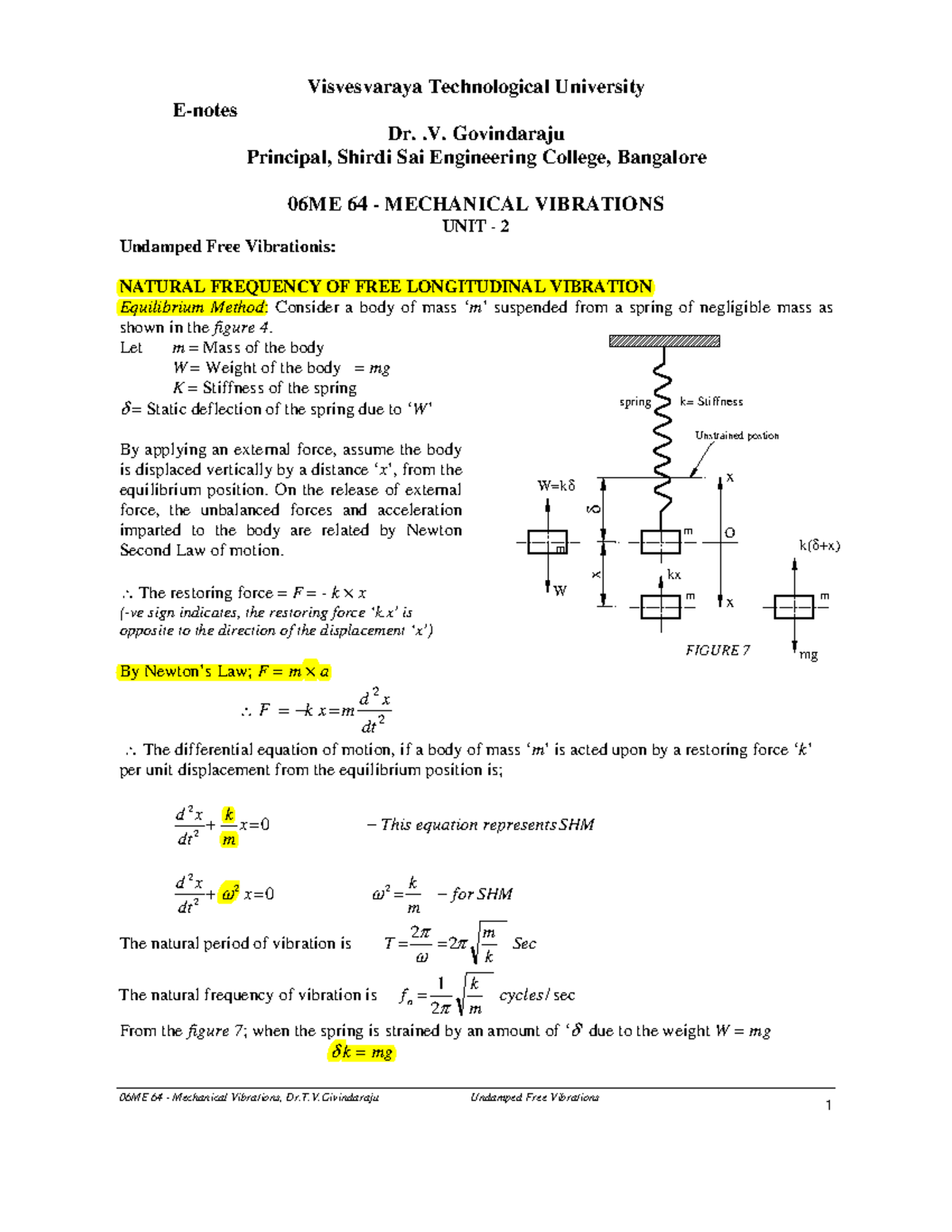 Free Vibration Notes for 06ME 64 - Mechanical Vibrations Unit 2 - Studocu