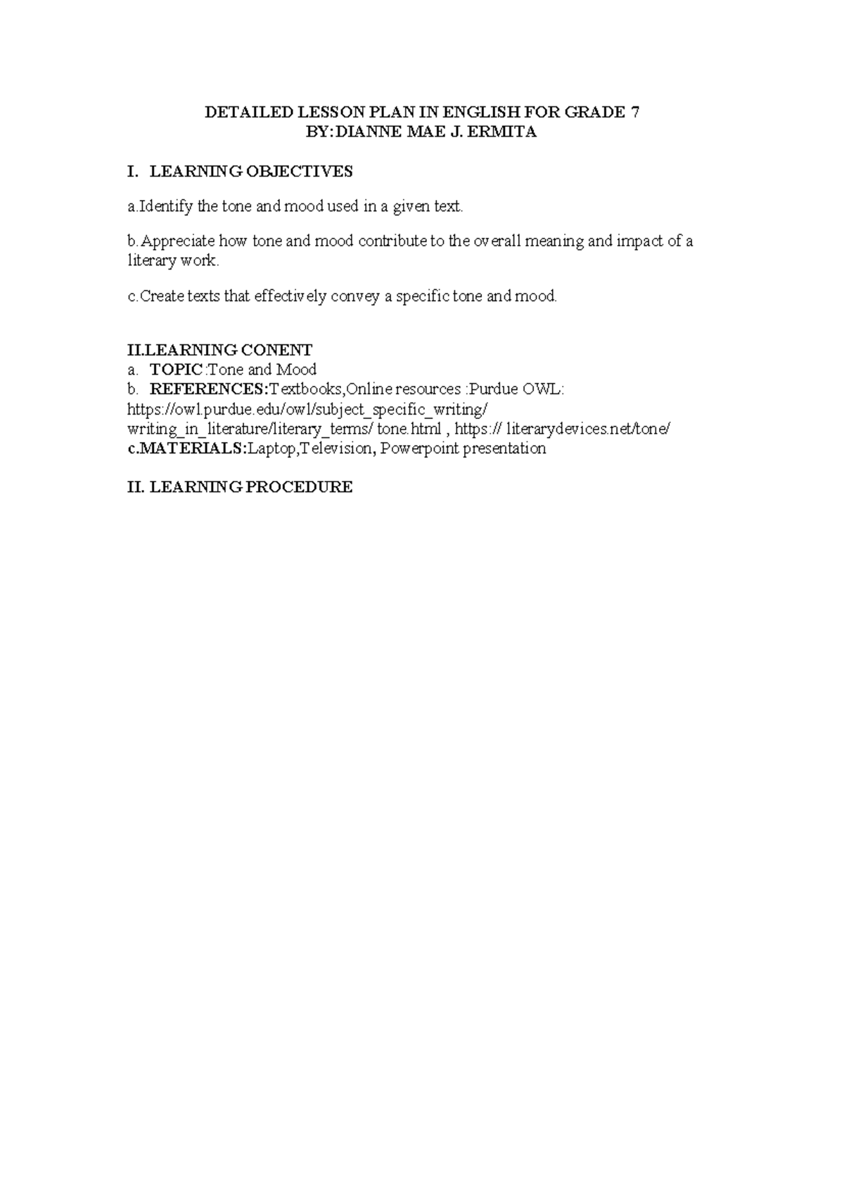 Detailed Lesson Plan on Tone and Mood for Grade 7 - Studocu