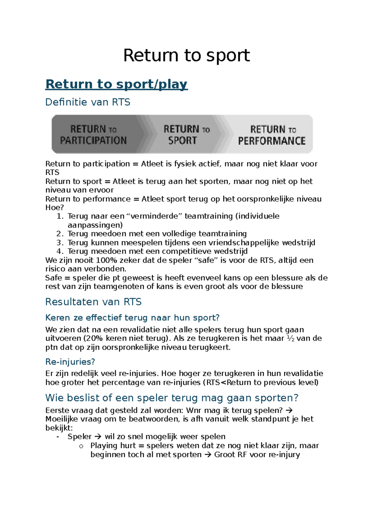 Return to Sport: RTS Guidelines for Athletes' Safe Return - Studocu