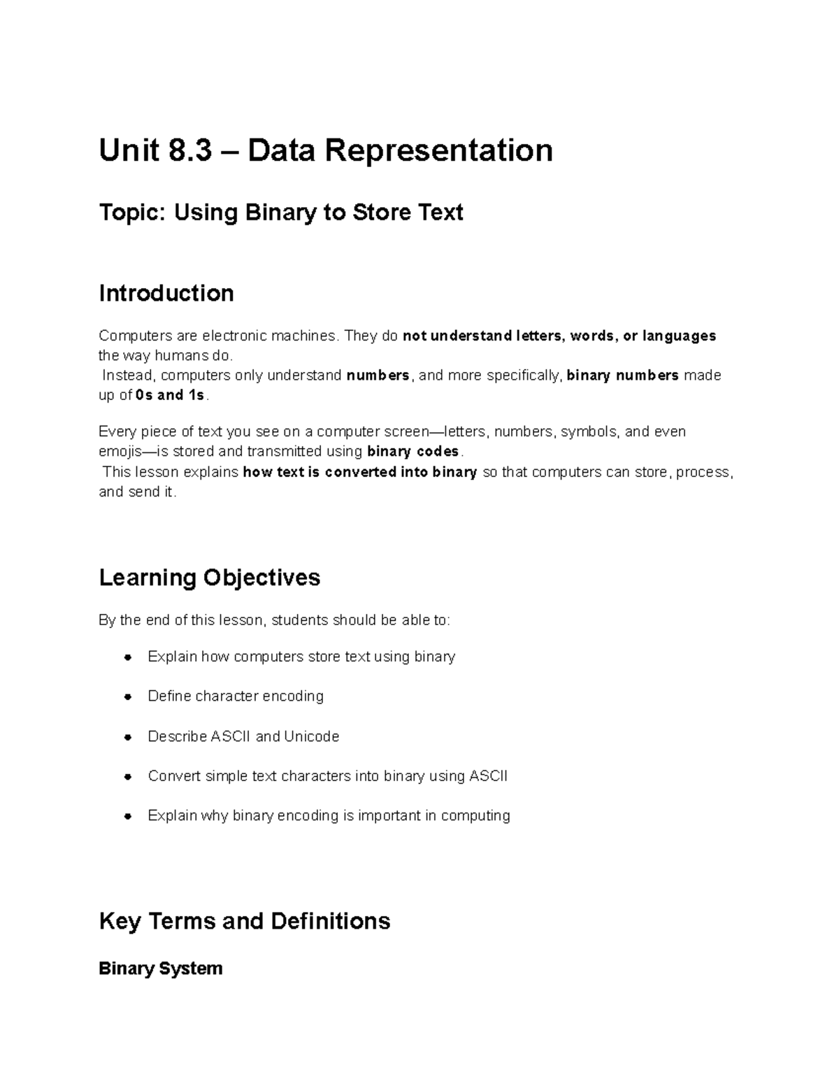 Unit 8.3 Data Representation: Binary Encoding for Text Storage - Studocu