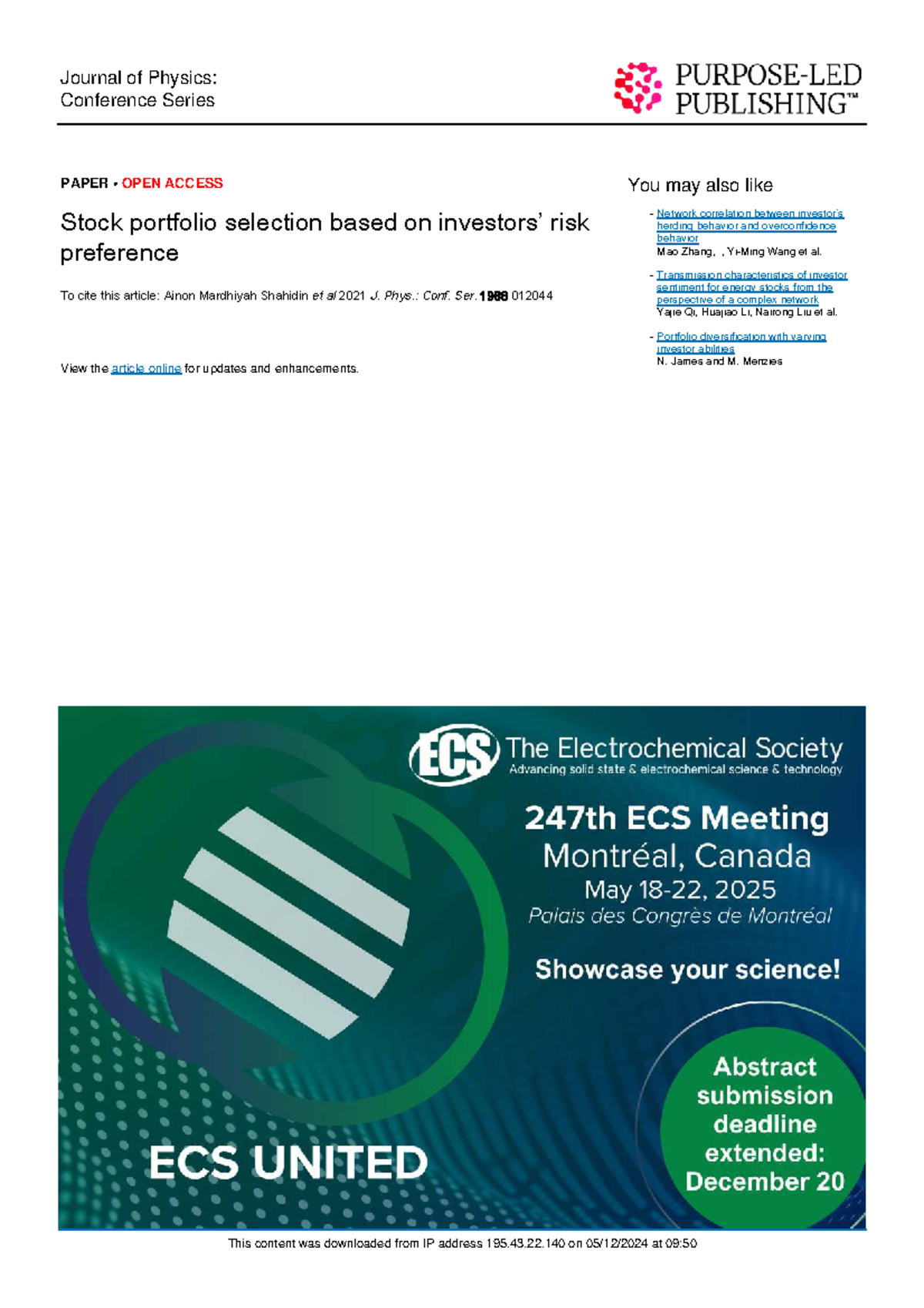 Investment 3: Stock Portfolio Selection Based on Risk Preference - Studocu