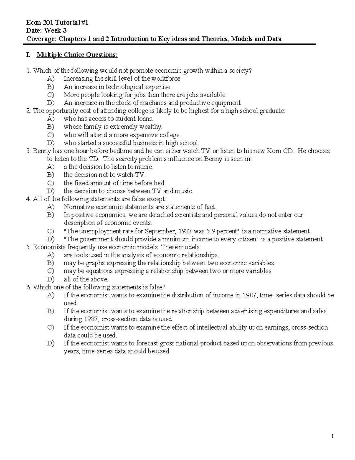 201-tutorial-1 - .tutotrial questions yup - Econ 201 Tutorial # Date ...