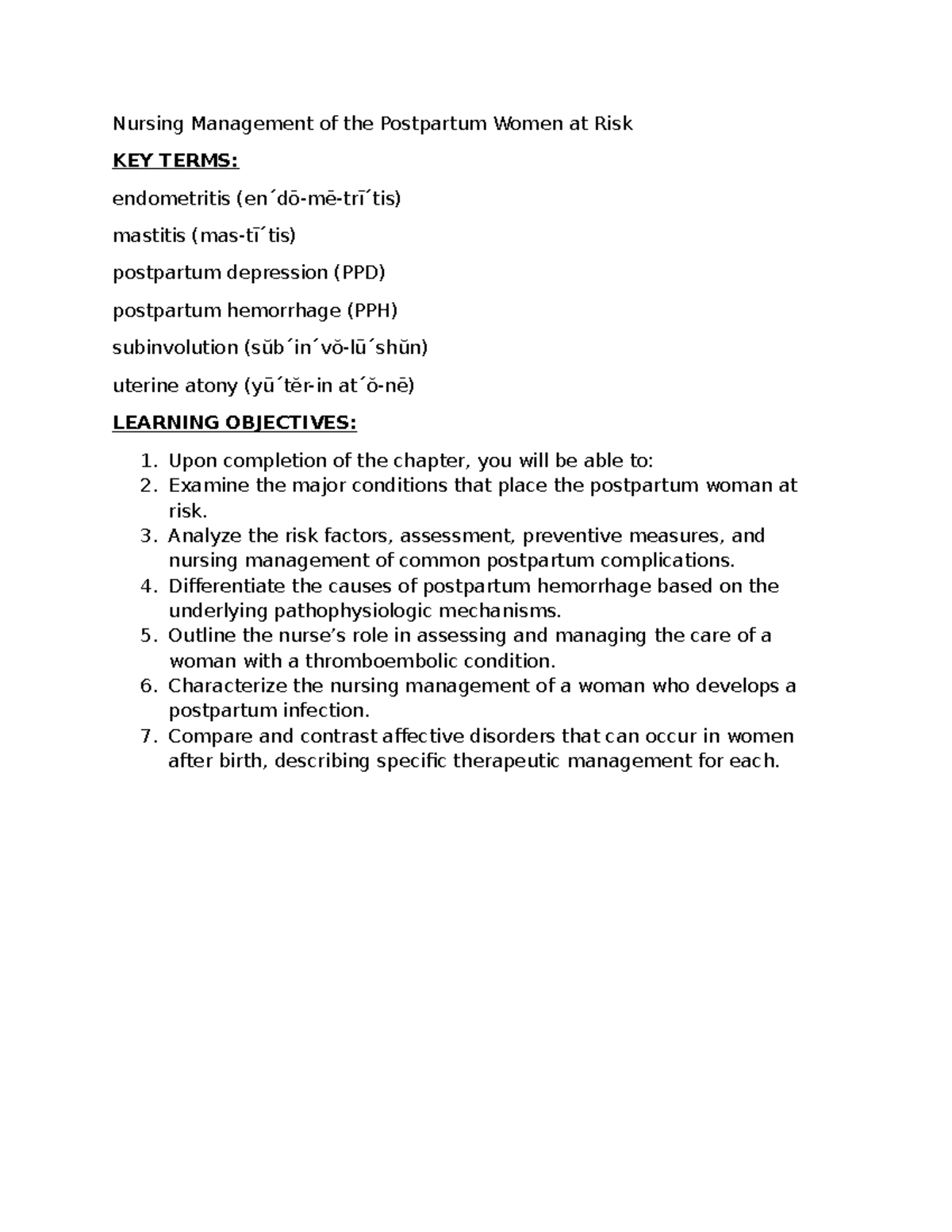 Nursing Management of Postpartum Risks: Ricci Ch 22 Vocab & Objectives ...