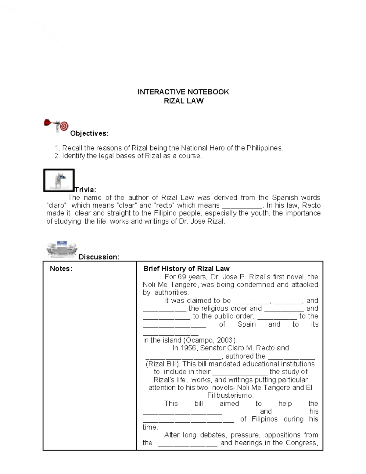 RIZAL LAW Overview & Insights - Interactive Notebook #1 - Studocu