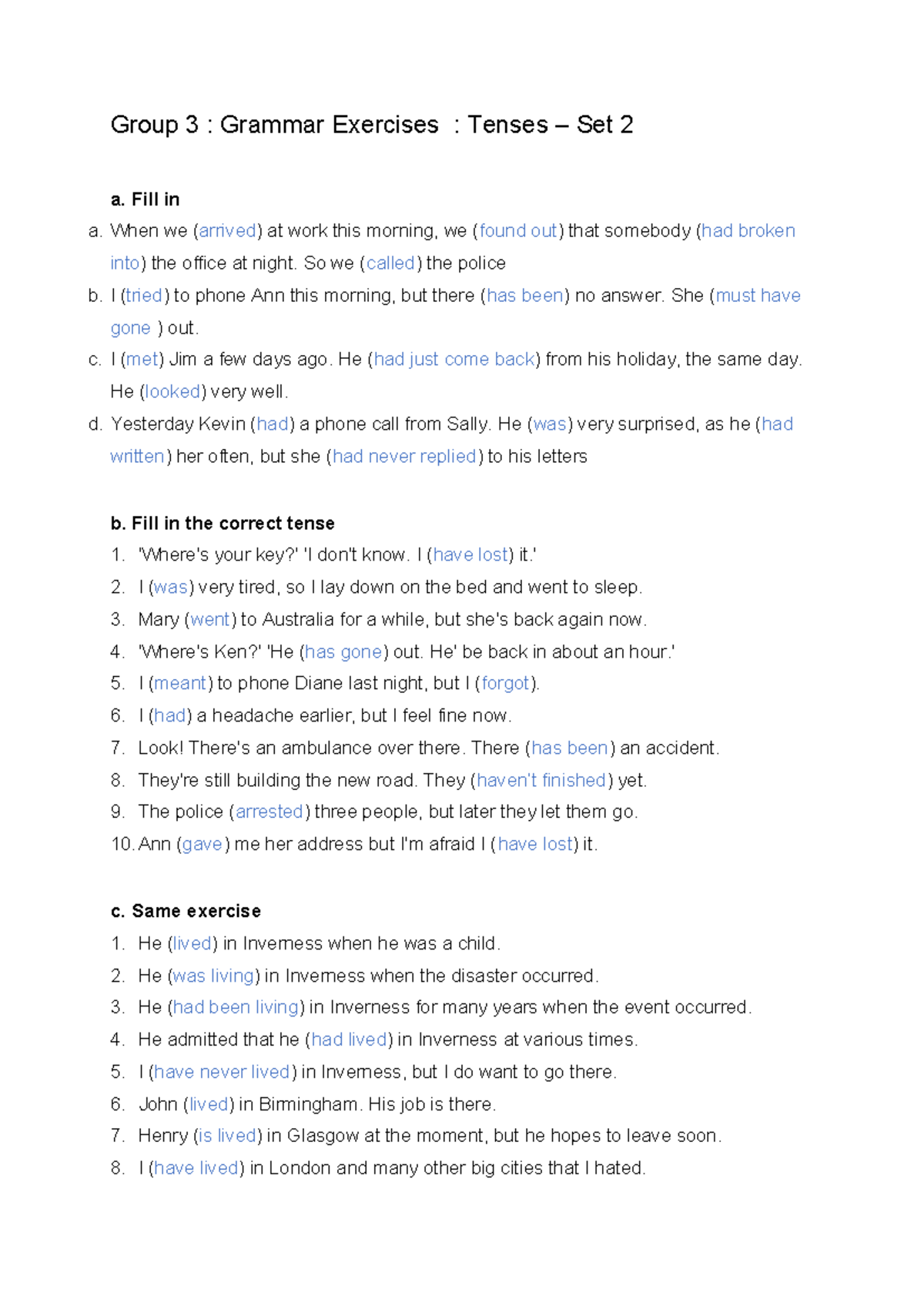 Grammar Exercises: Tenses (Group 3) - Practice Set 2 - Studocu