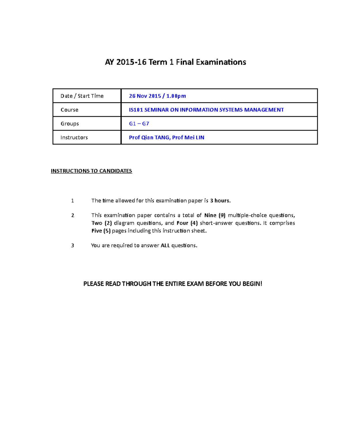 IS101 Final Exam Questions -seminar on Information Systems Management ...