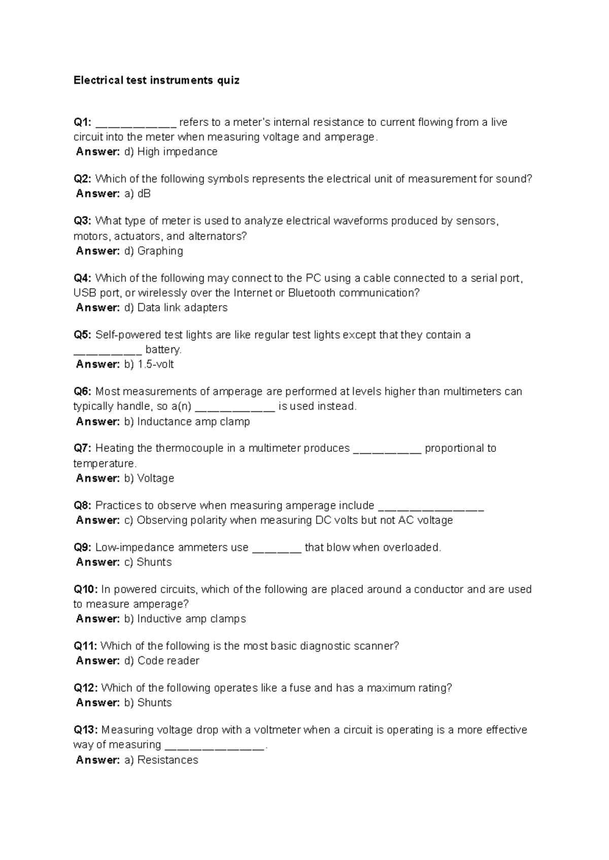 Electrical Test Instruments Quiz - Course Code Unspecified - Studocu