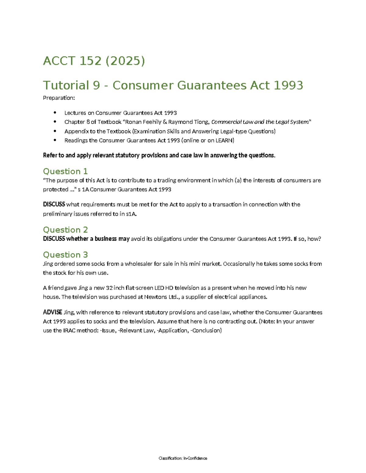 ACCT 152 (2025) Tutorial 9: Analyzing the Consumer Guarantees Act 1993 ...