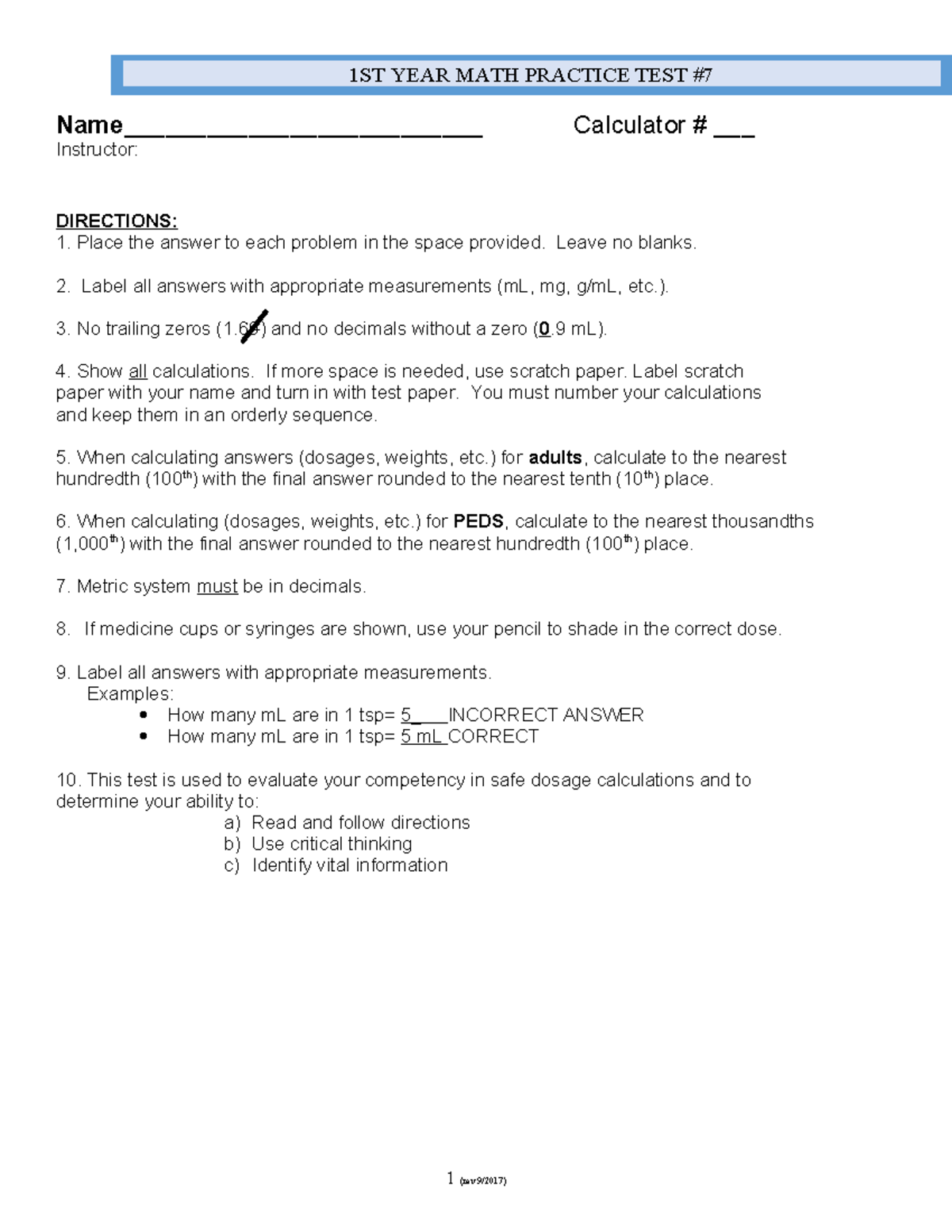 1st Yr Med Math Practice Test # 7 with Key - 1ST YEAR MATH PRACTICE ...