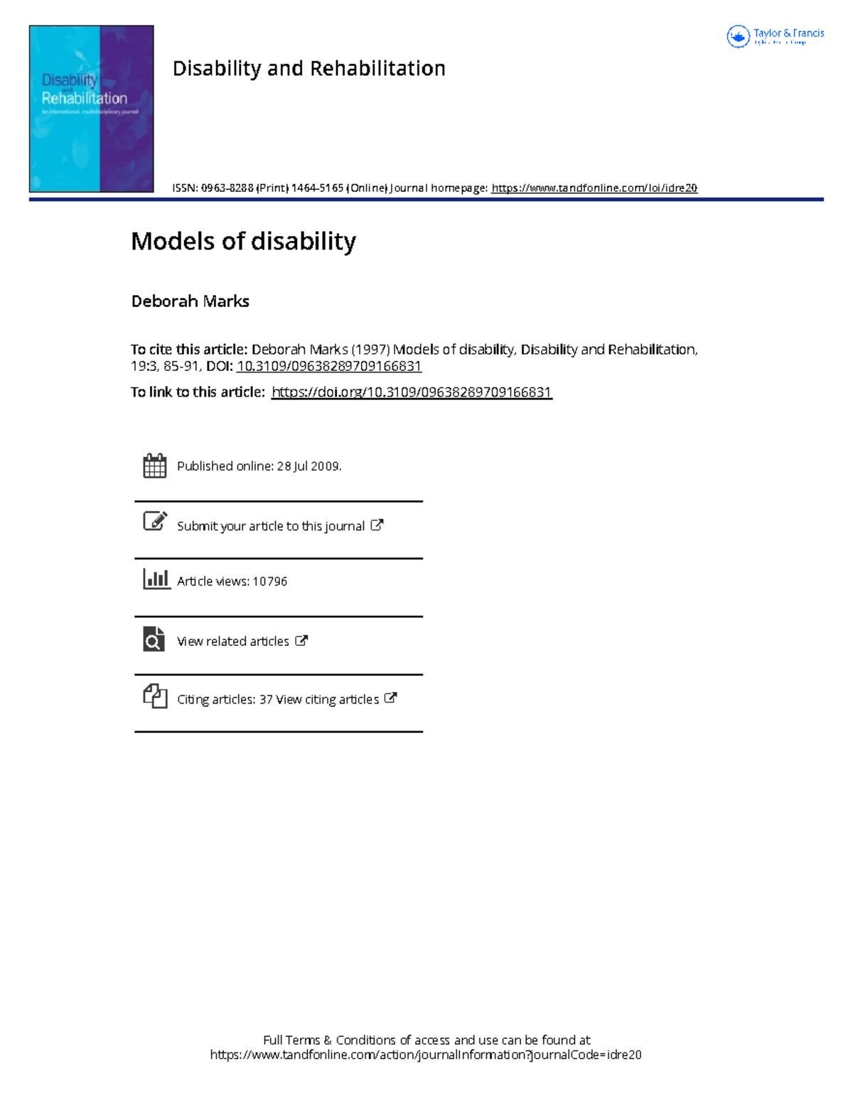 Models of disability 2 - 3109/ Published online: 28 Jul 2009. Submit ...