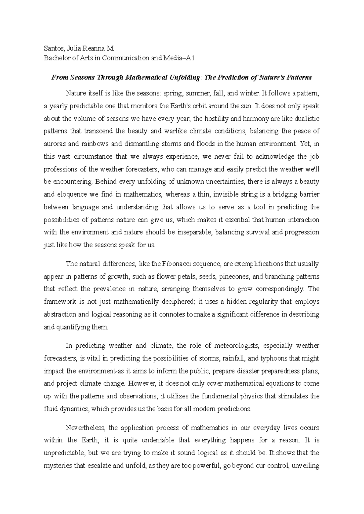 BA in Comm: Patterns of Nature & Mathematical Predictions - Studocu