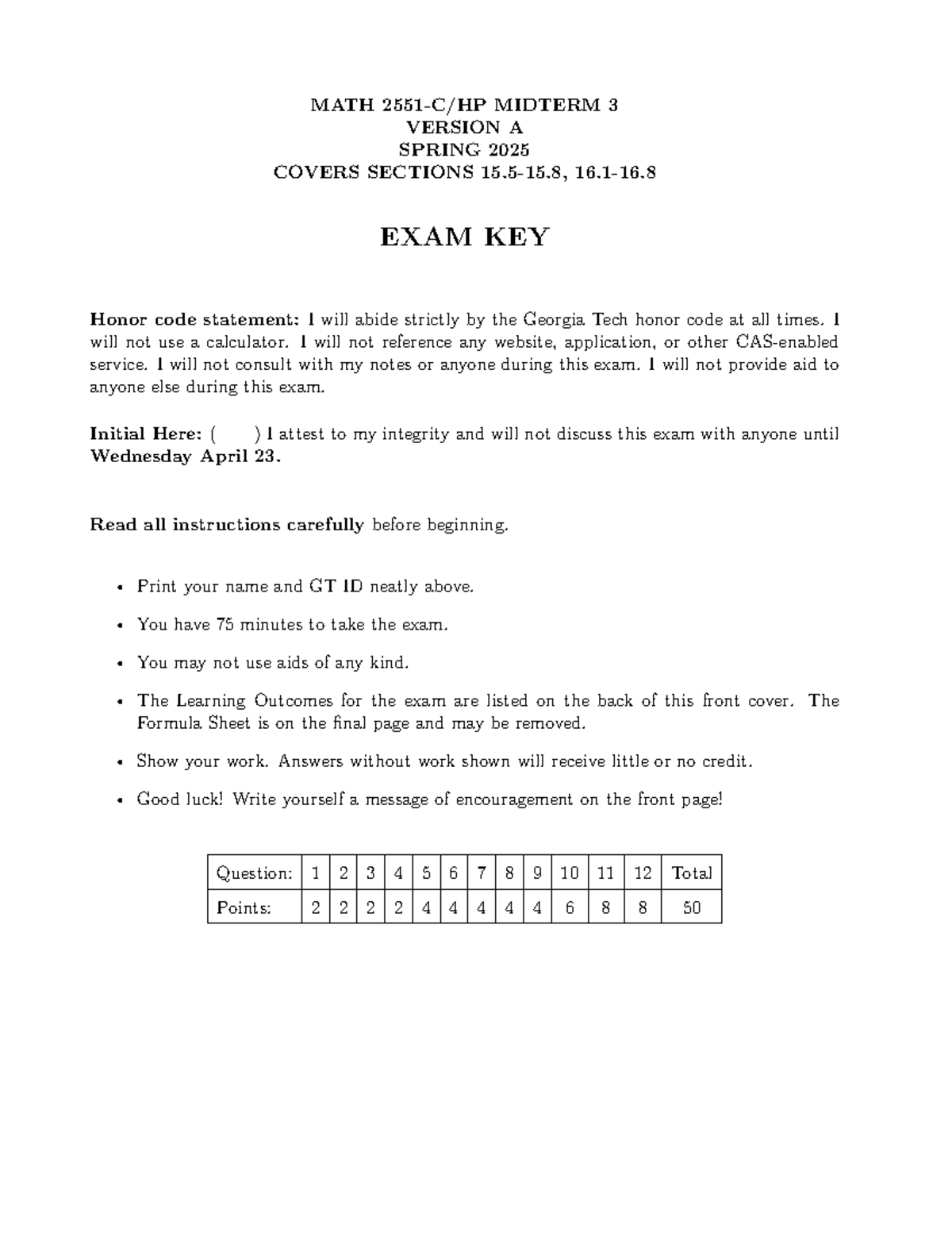 MATH 2551-C/HP Midterm 3 Exam Key - Spring 2025 - Studocu