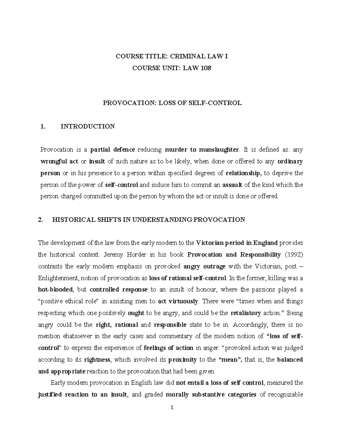 LAW 108: Criminal Law I - Provocation and Loss of Control Analysis ...