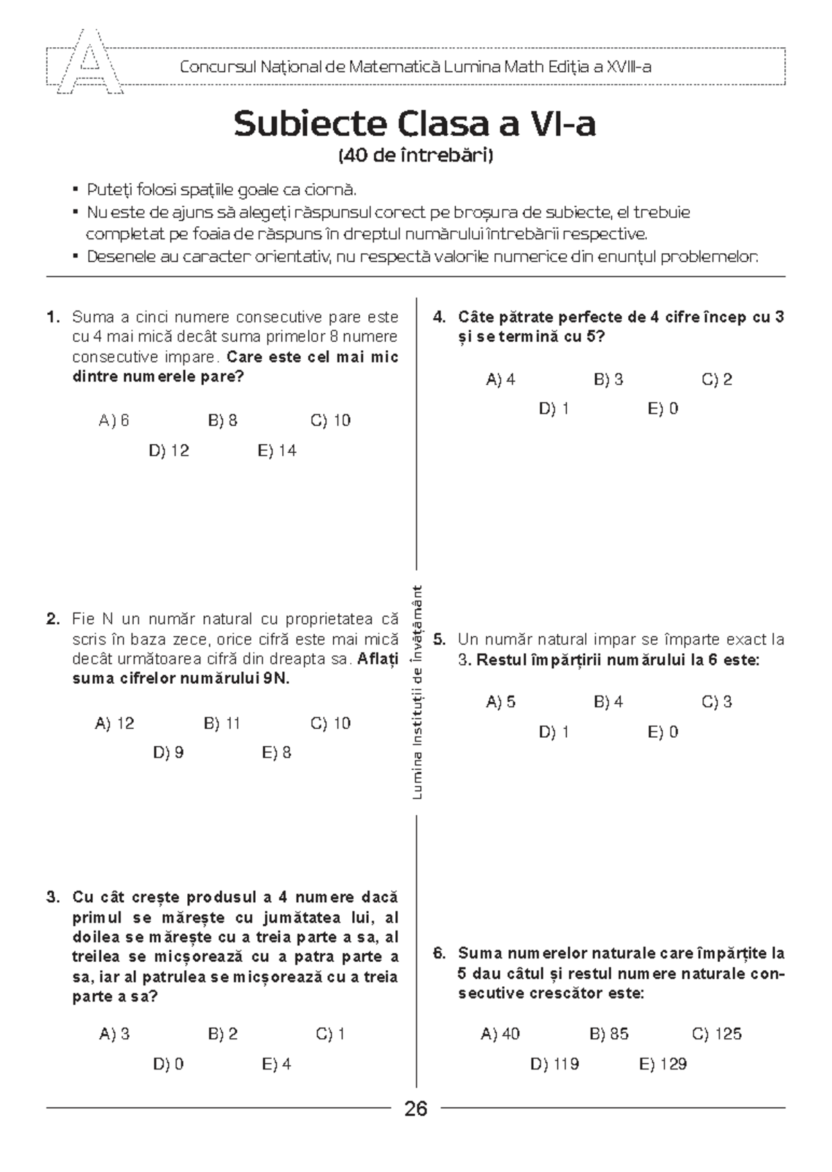 Subiecte Concurs Național de Matematică Lumina Math Ediția a 6-a - Studocu