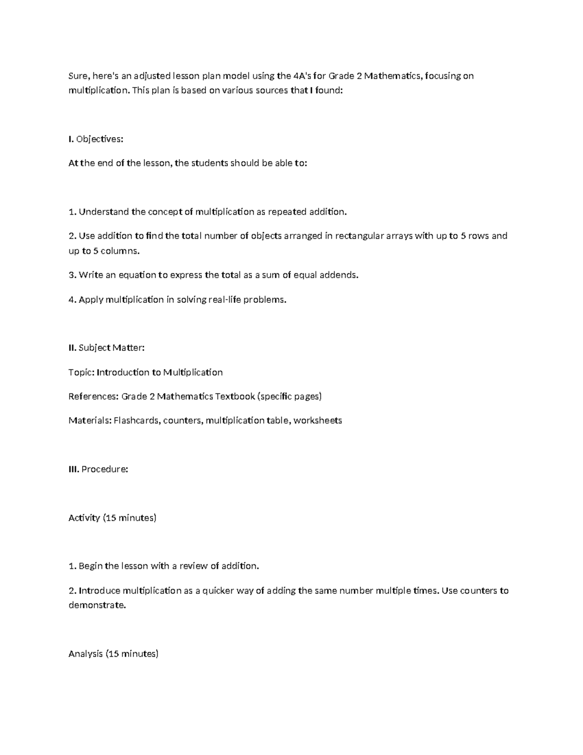 Grade 2 Math: 4A's Lesson Plan for Multiplication Concepts - Studocu