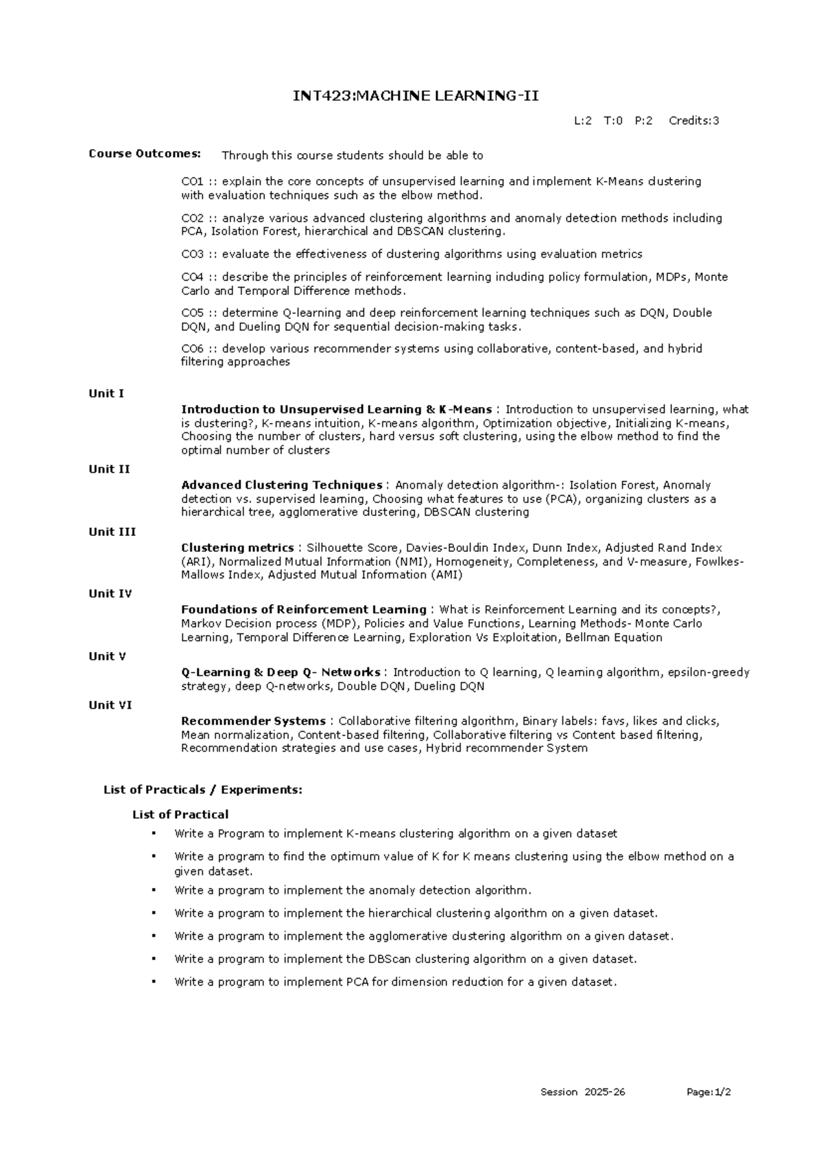 INT423: Machine Learning II - Course Outcomes and Practical Guide - Studocu