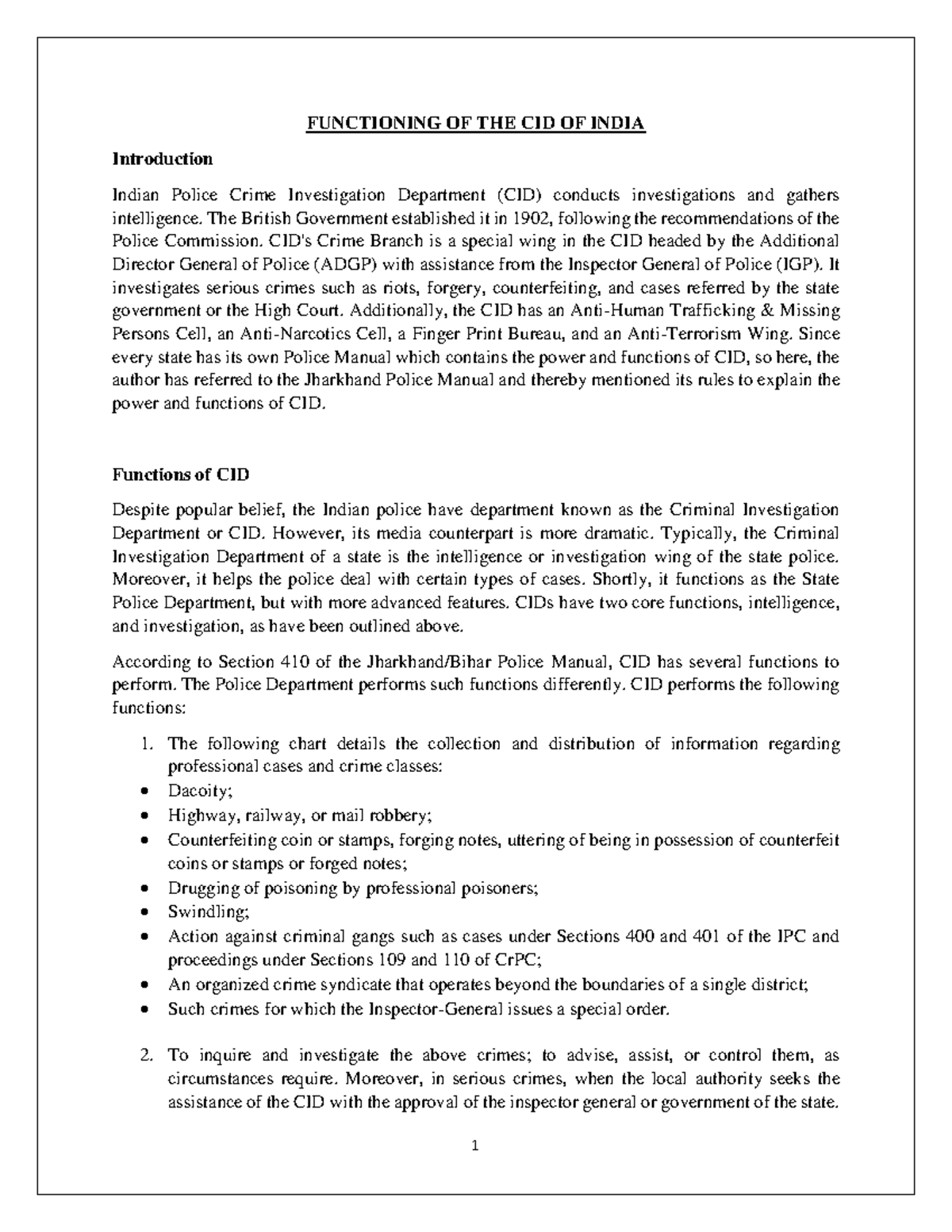 Functioning of the CID in India: Investigative Role and Operations ...