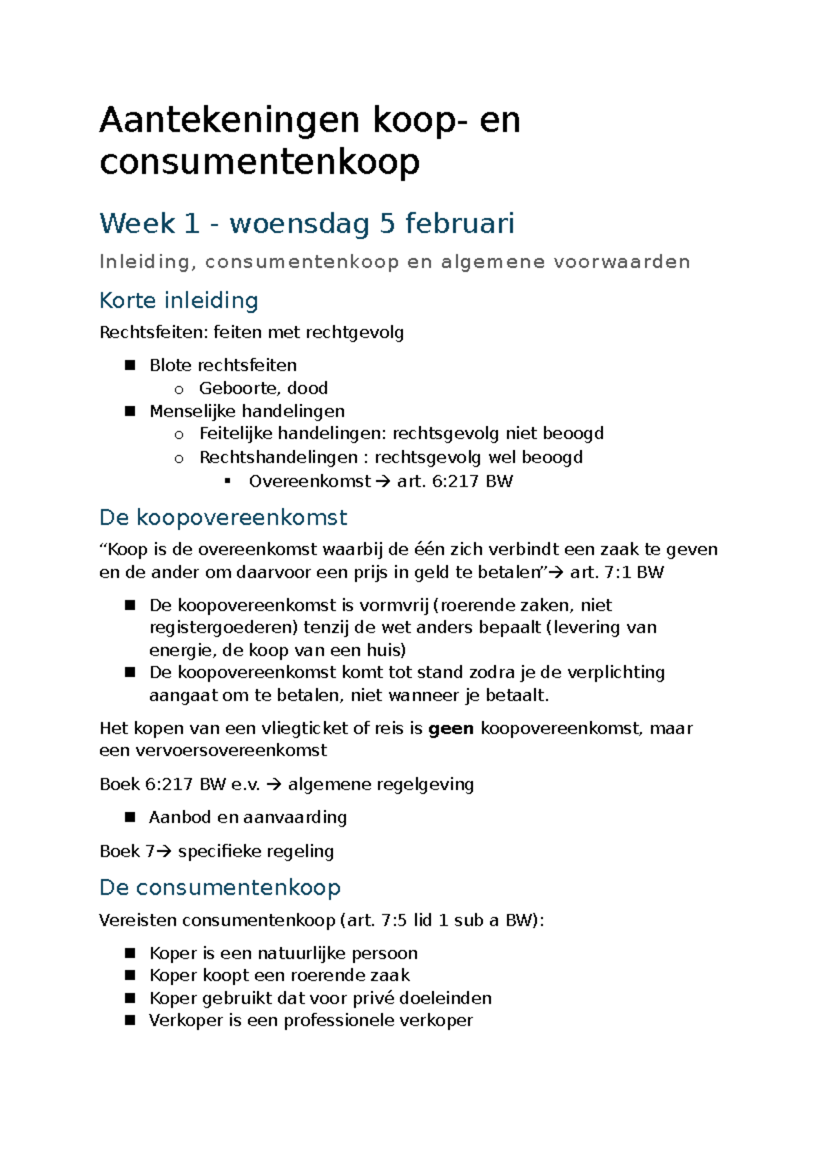 Aantekeningen Consumentenkoop en Koopovereenkomsten (Week 1-6 ...