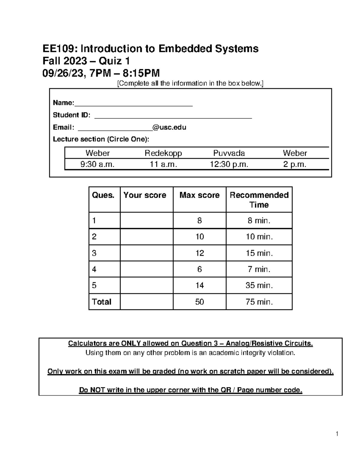 EE109: Embedded Systems Fall 2023 Quiz 1 Overview and Questions - Studocu