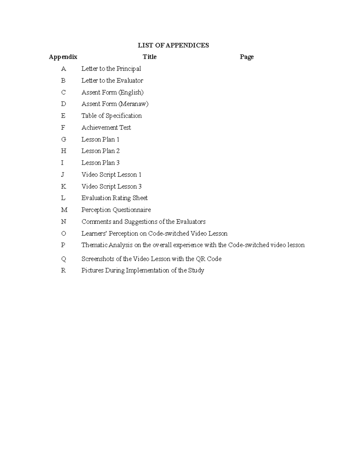 LIST OF APPENDICES - EDUC 101 Final Project - Studocu