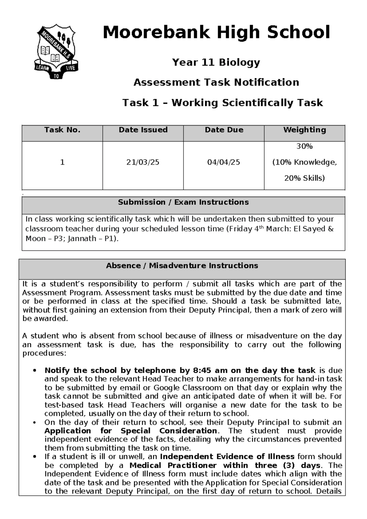 2025 FA1 HMS Assessment Task Notification & Exam Guidelines - Studocu