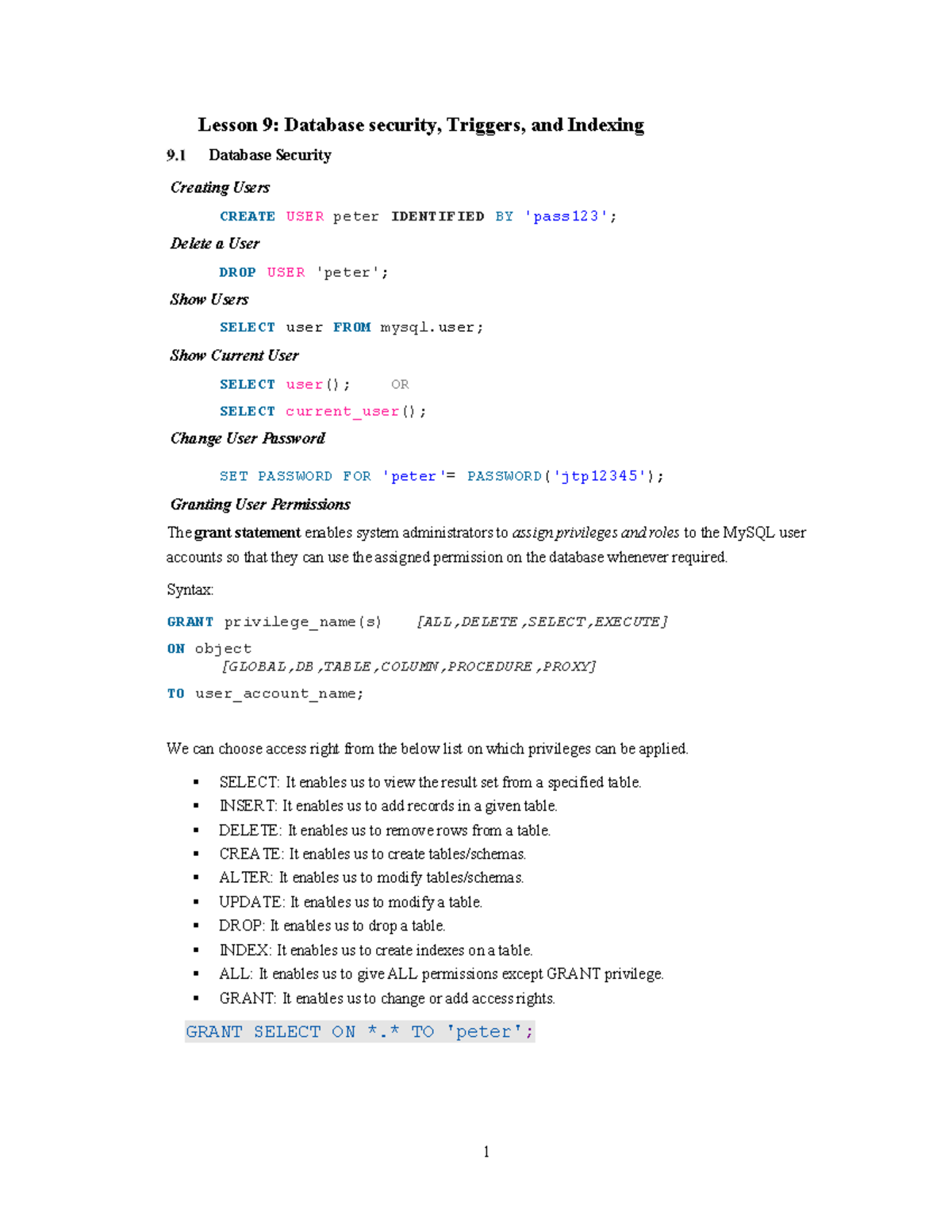 Lesson 09: Database Security, Triggers, and Indexing Overview - Studocu