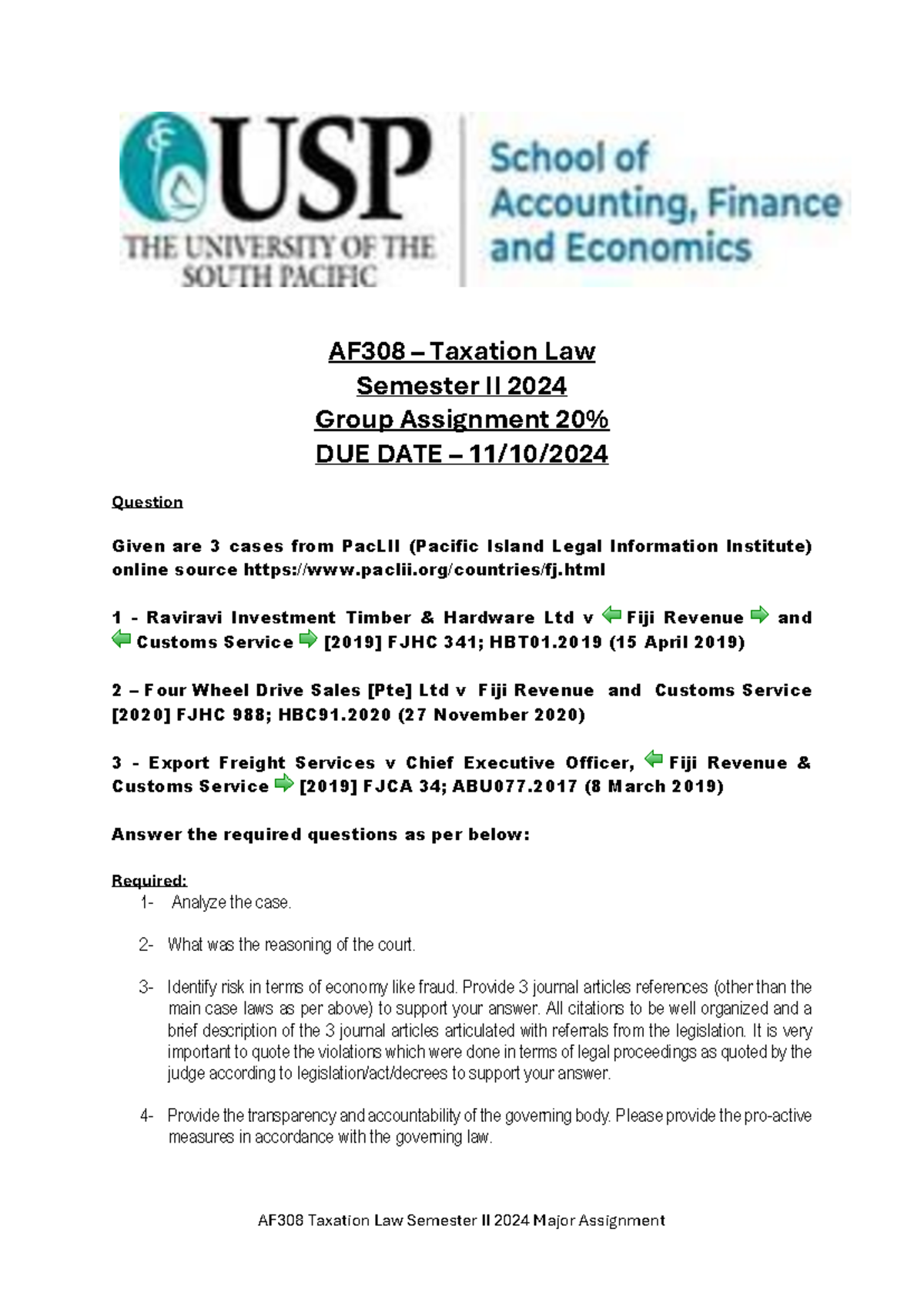 AF308 Taxation Law S2 2024 Major Assignment Analysis and Cases - Studocu