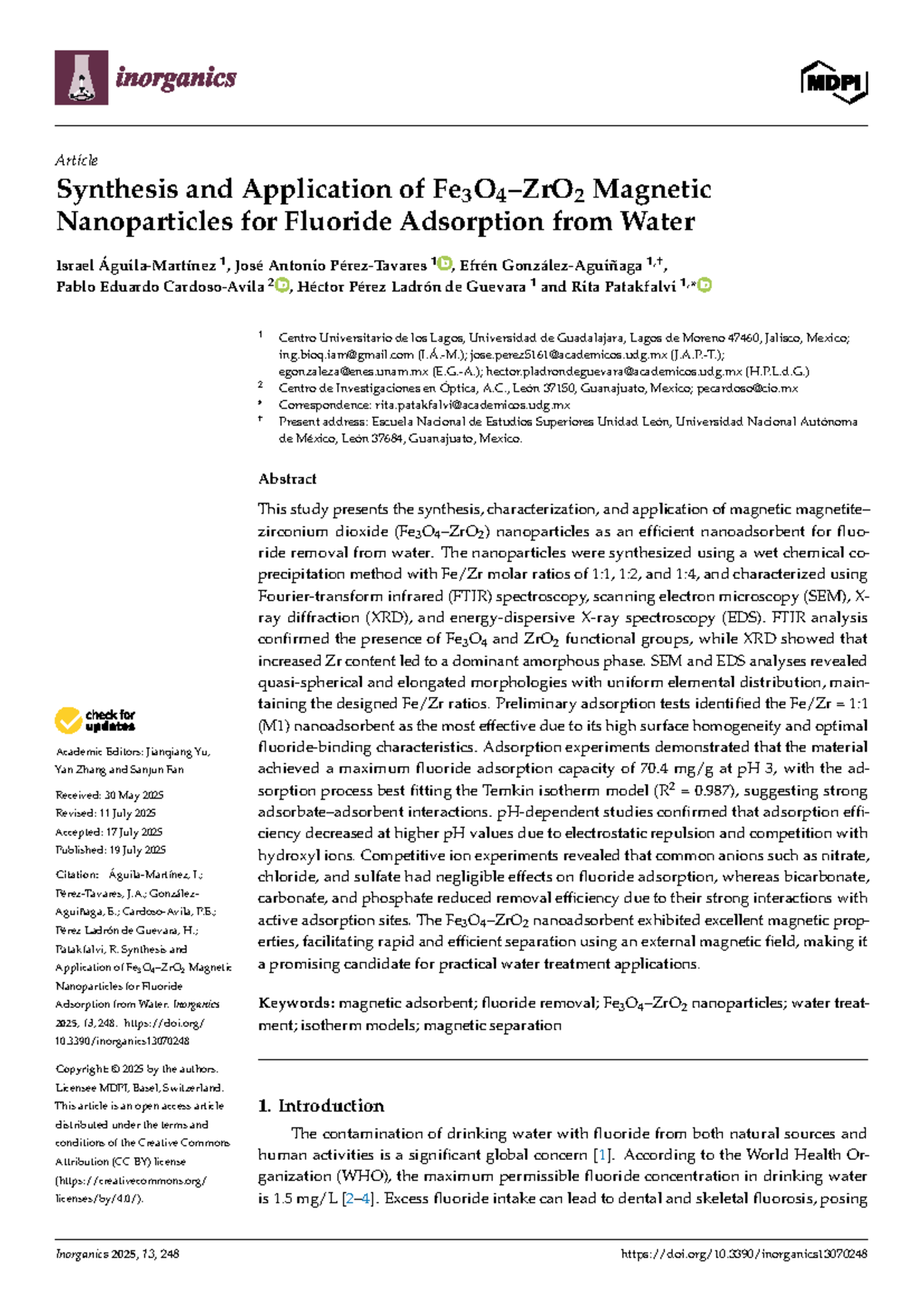 Synthesis and Application of Fe3O4 Nanoparticles for Fluoride Removal ...