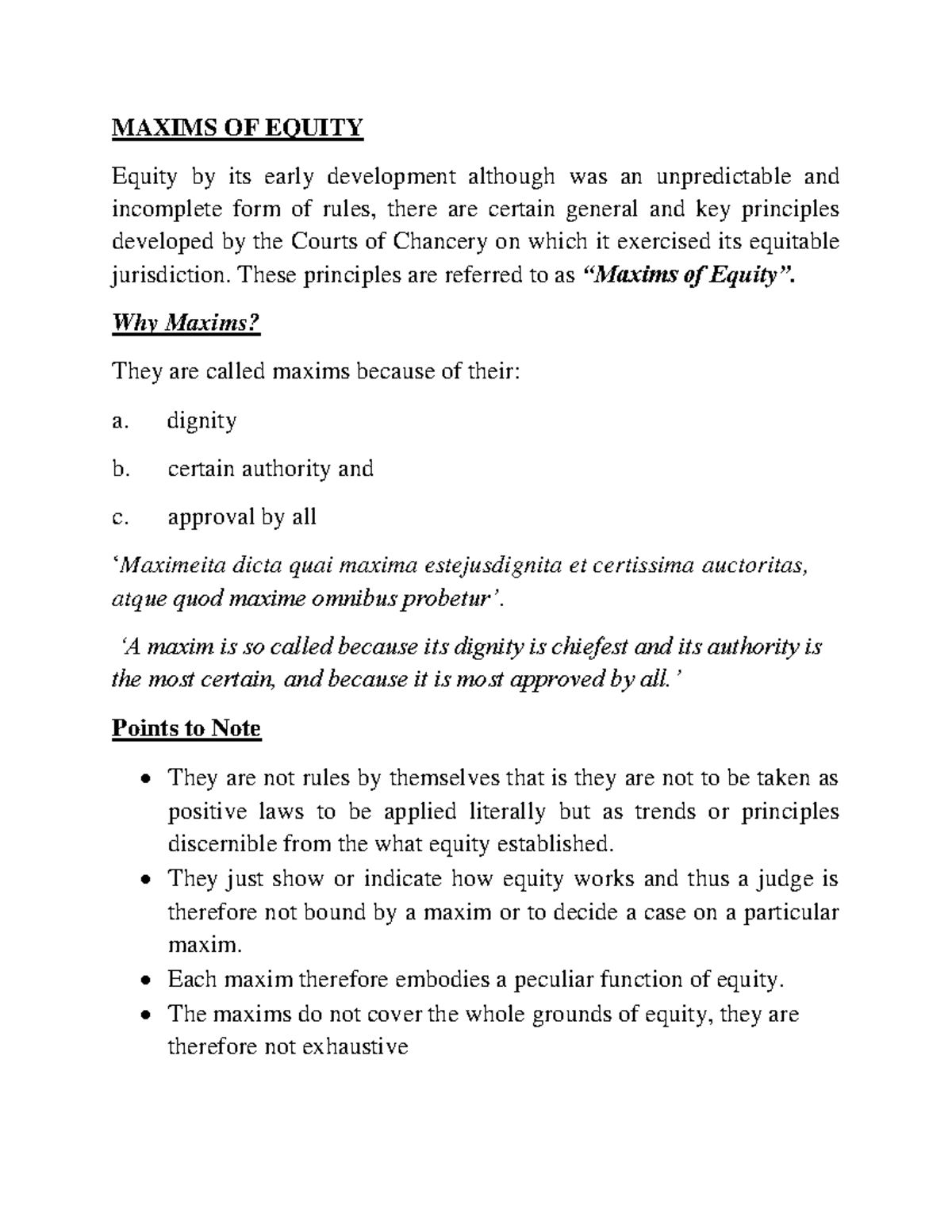 Maxims of Equity Overview - Law Course Notes (LAW 305) - Studocu