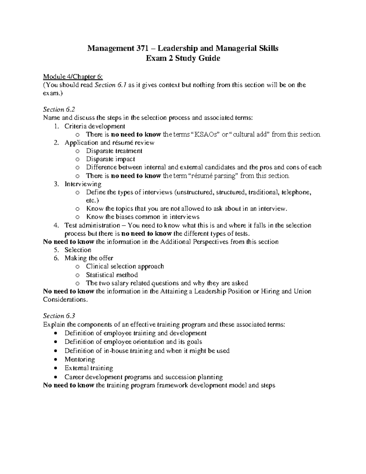 Management 371 – Leadership & Managerial Skills Exam 2 Review Guide ...