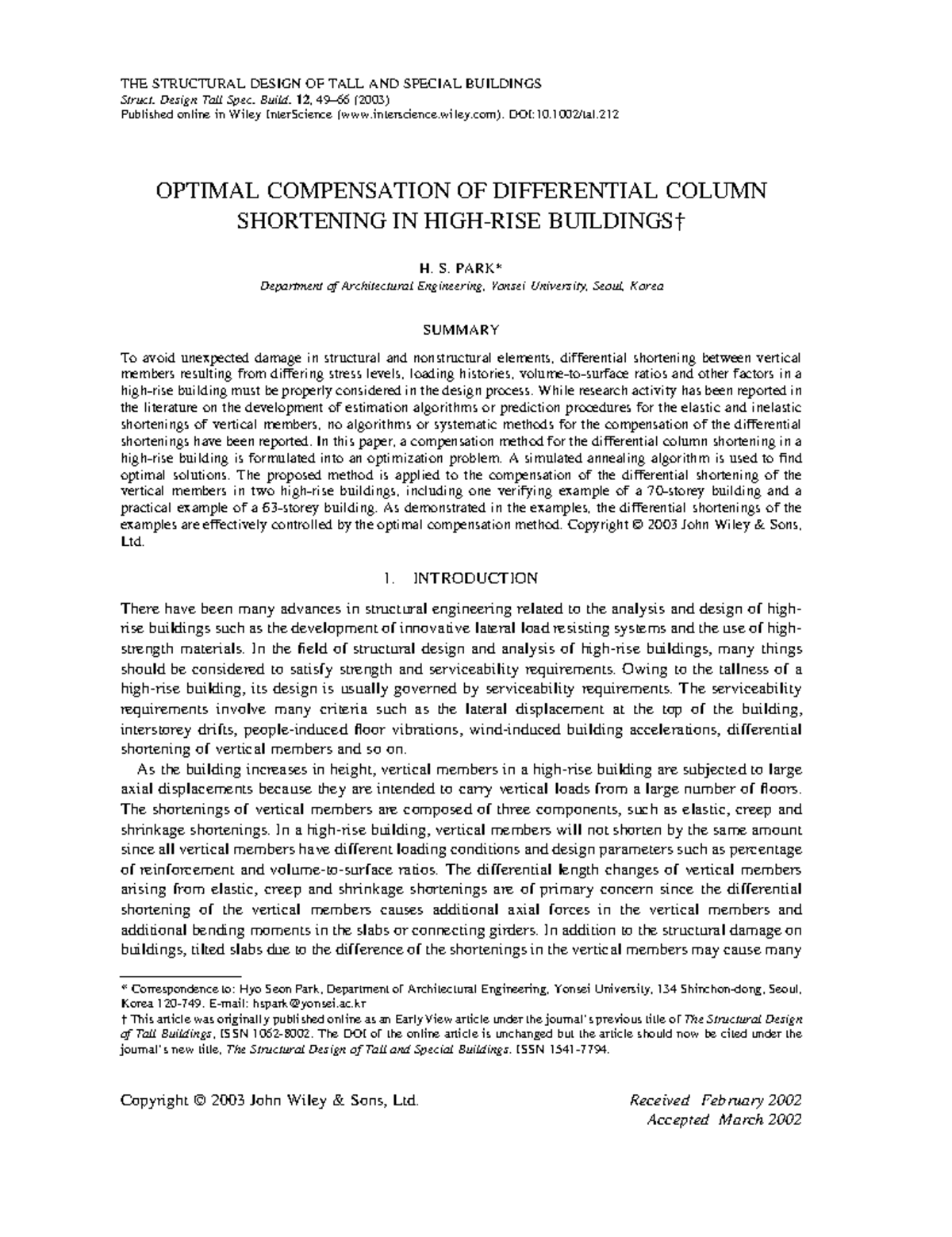 Optimal Compensation OF Differential Column Shortening IN HIGH-RISE ...