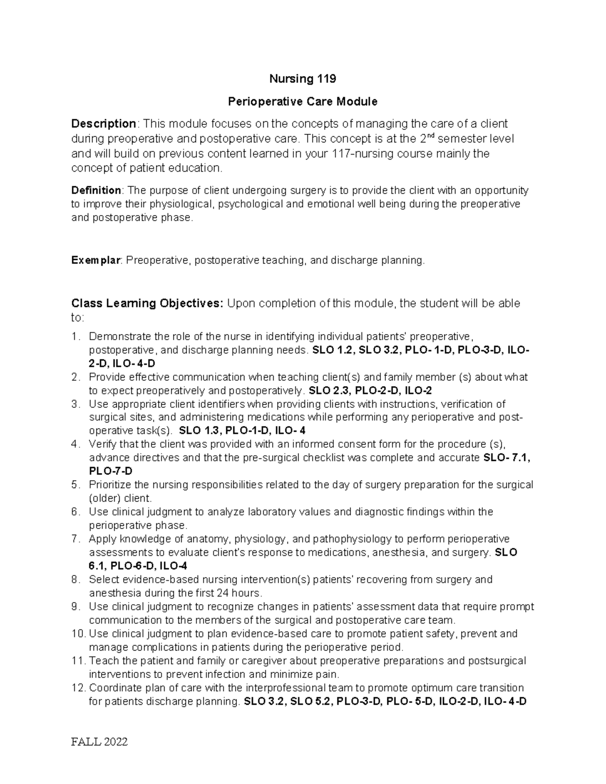 Nursing 119: Perioperative Care Pre/Post Operative Module Study Guide ...