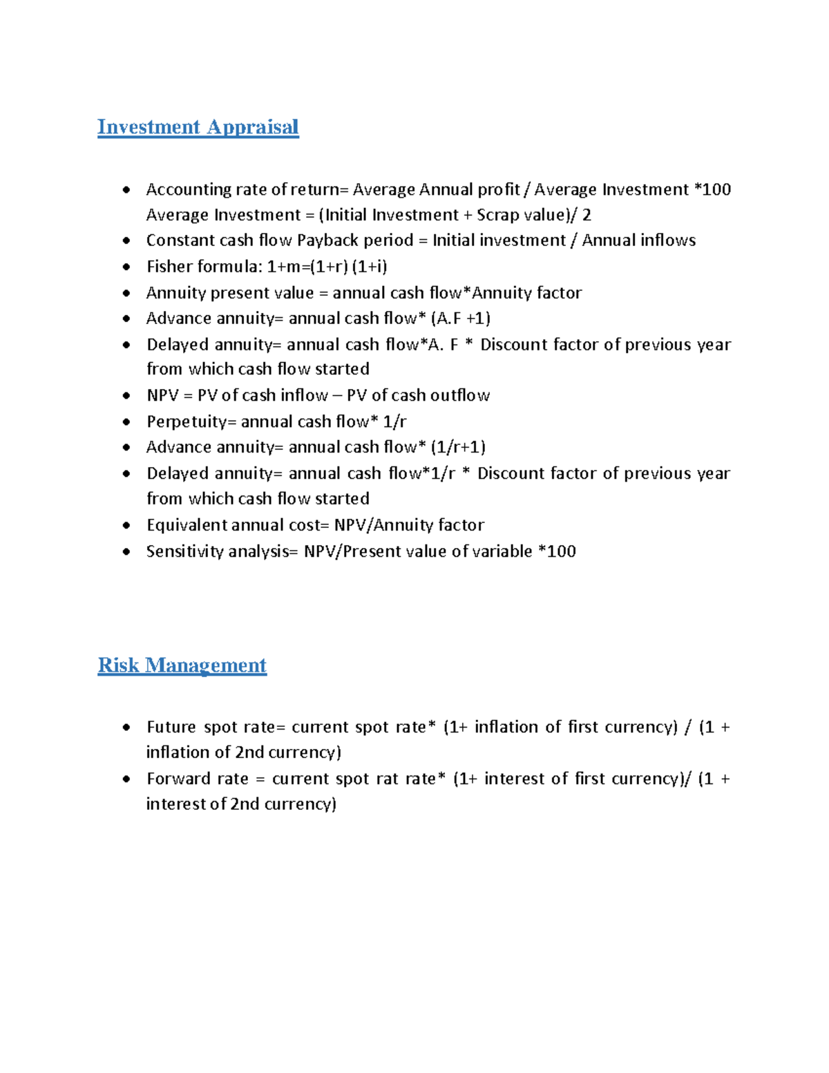 F9 Investment Appraisal & Working Capital Formulas for Quick Revision ...