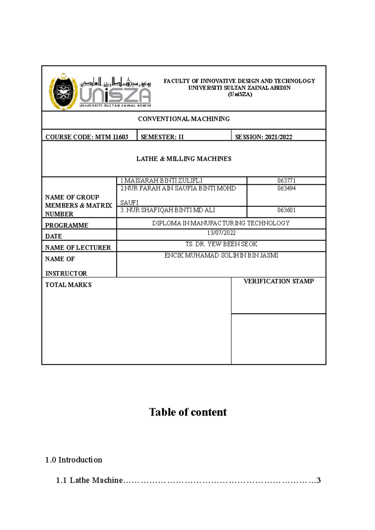 MTM 11603 Lathe & Milling Machine Lab Report - Semester II 2021 - Studocu